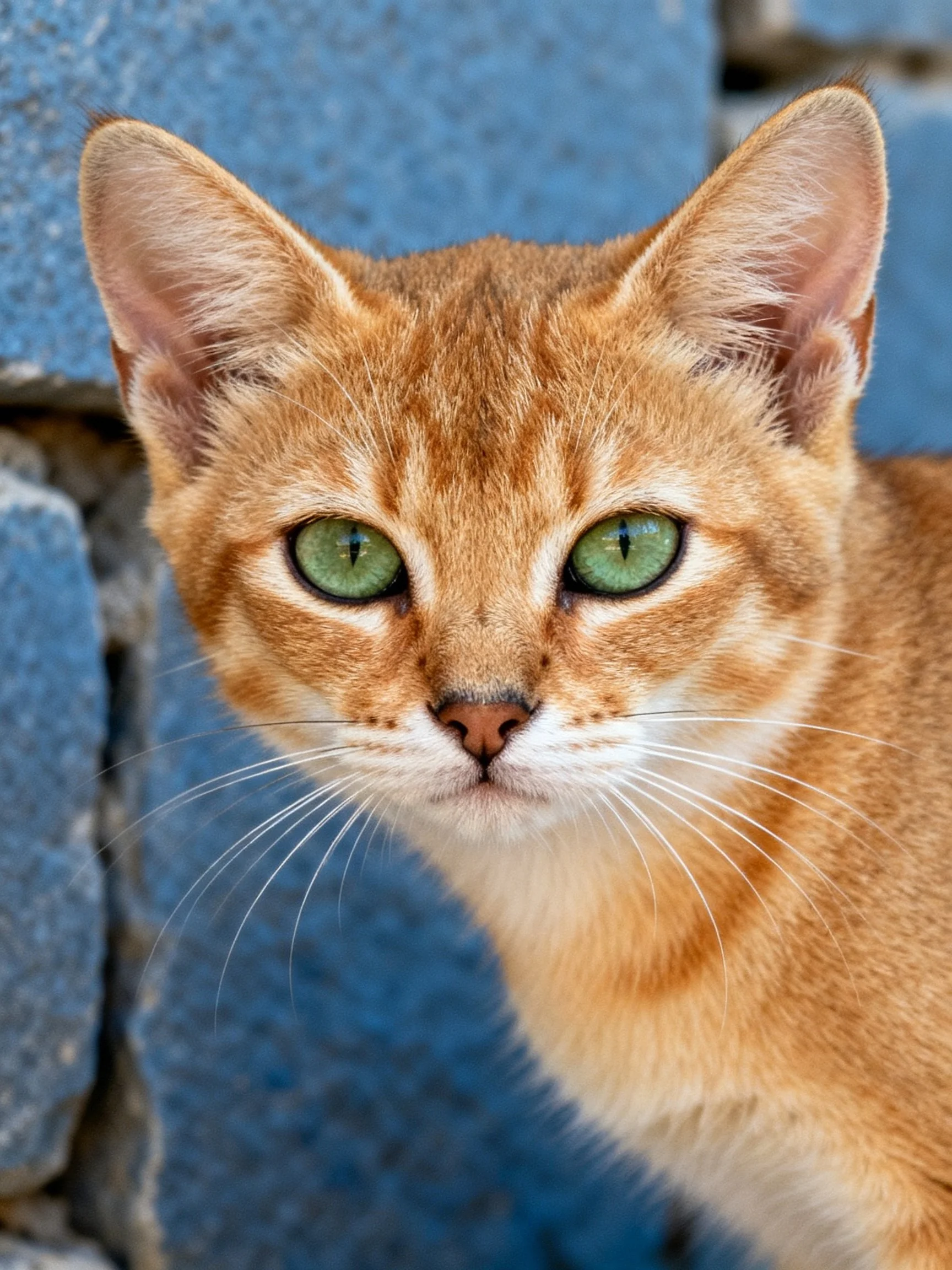 A golden-furred cat with bright green eyes is near a blue stone wall.