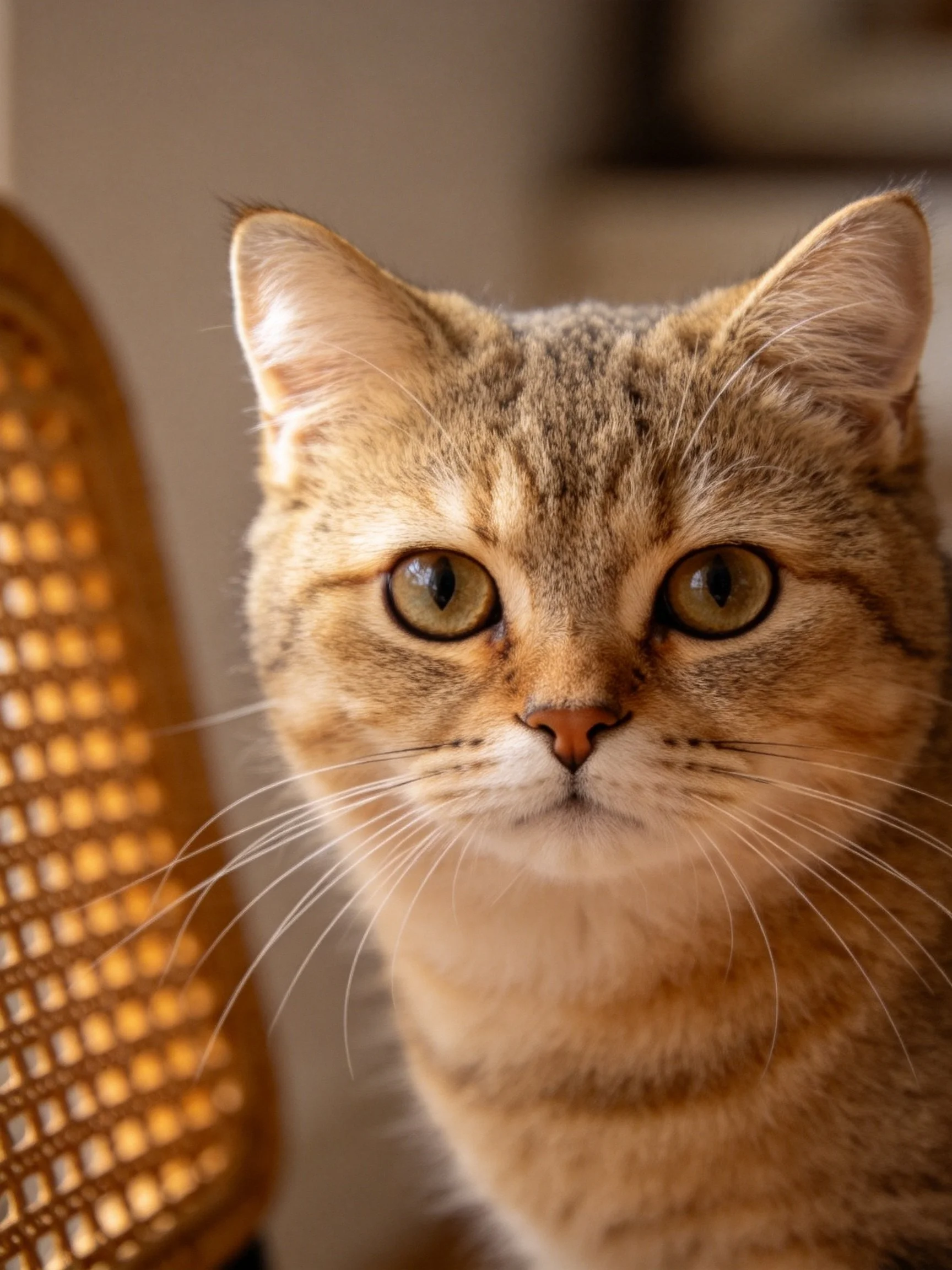 Golden - hued tabby cat with large green eyes beside a wicker chair