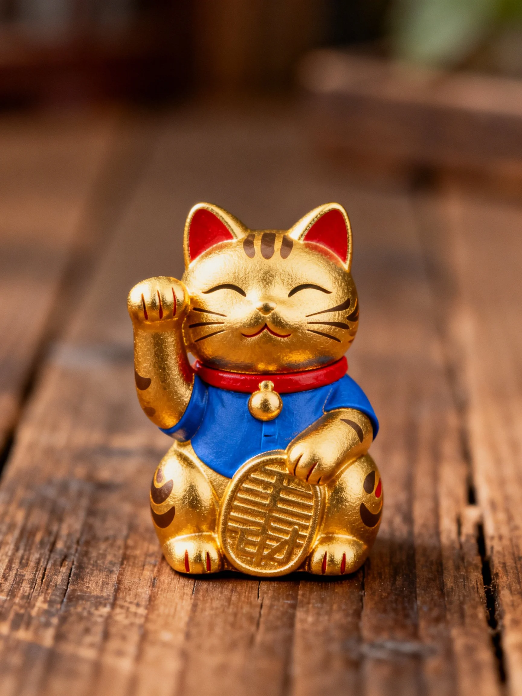 Golden maneki-neko figurine with blue shirt and red collar on wooden planks