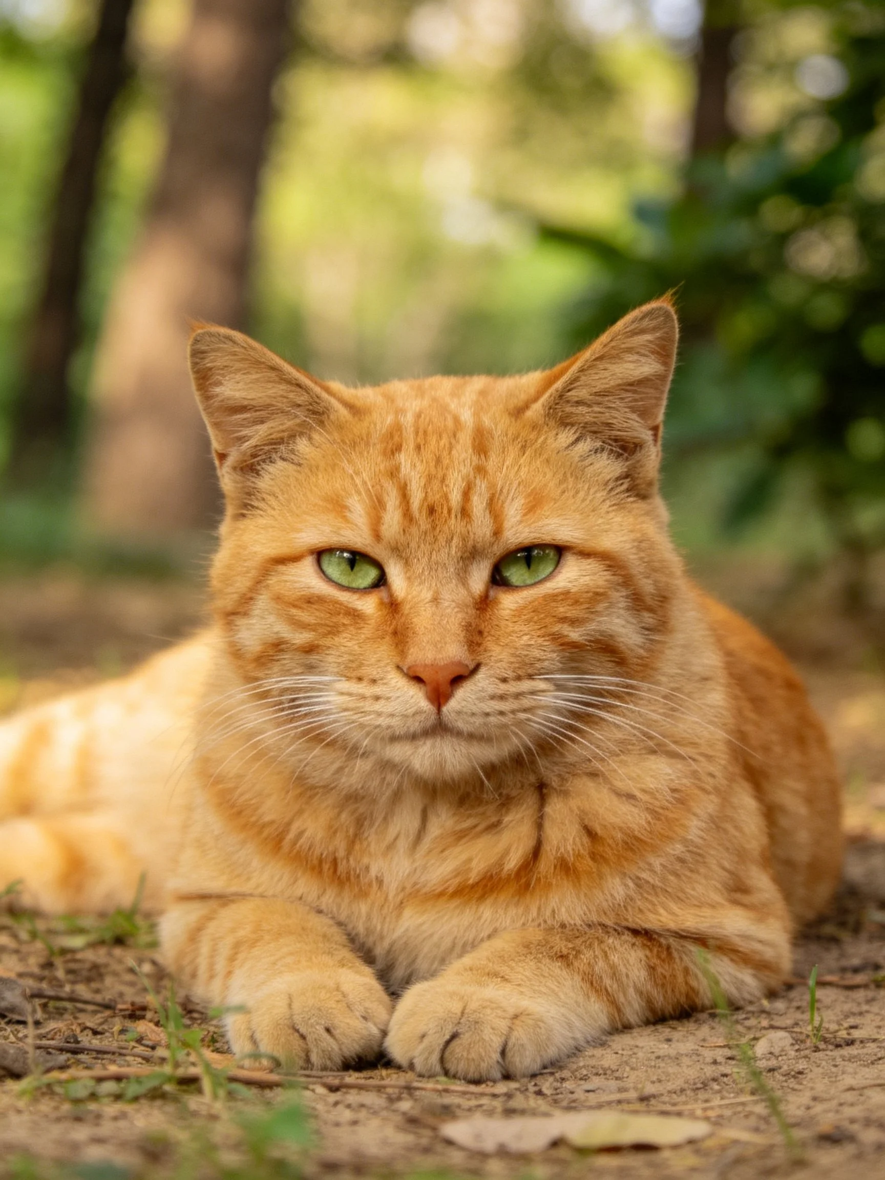 An orange tabby cat rests calmly in a sunlit outdoor space.
