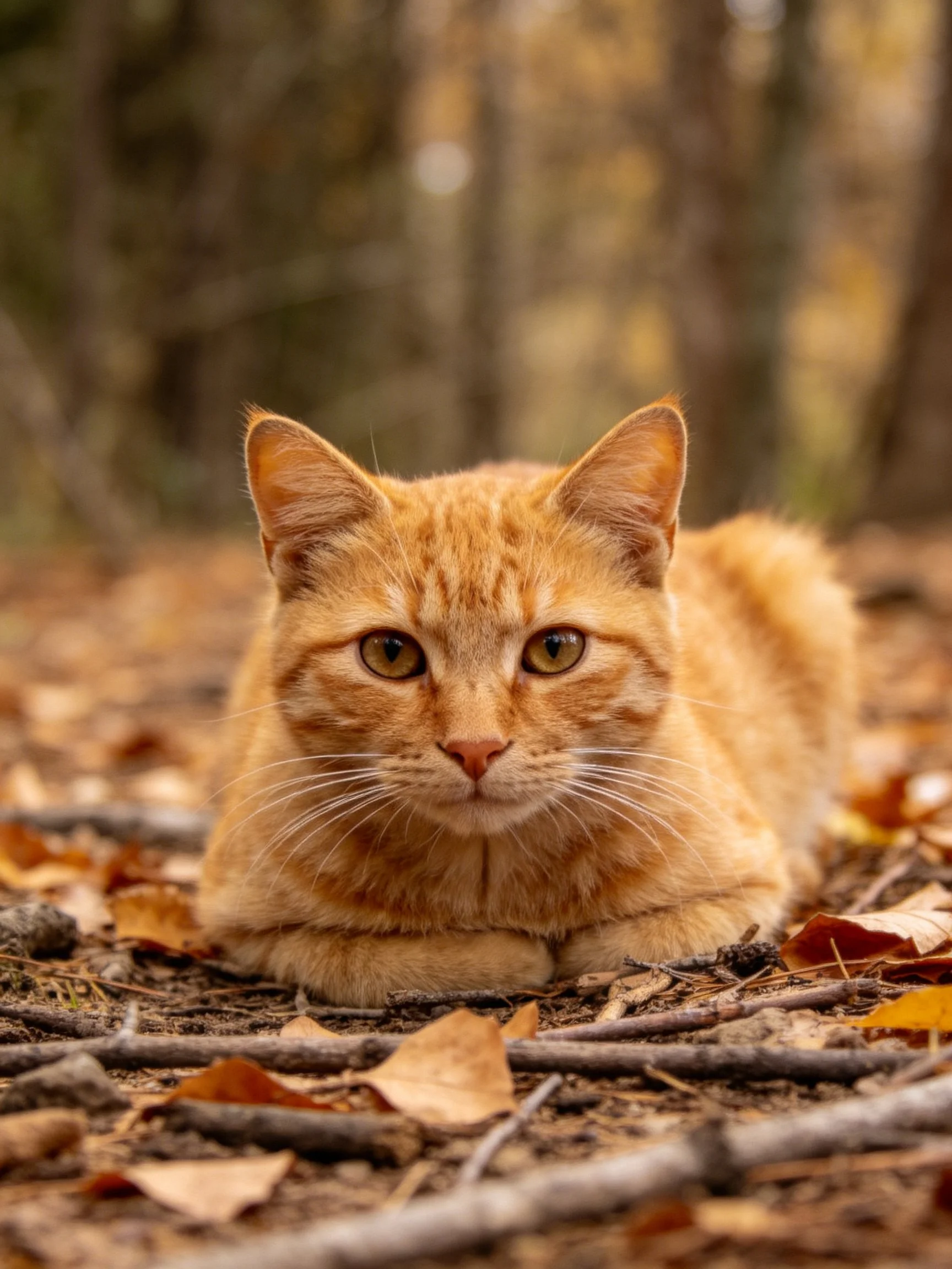 Orange cat lies among dry leaves and twigs in a natural setting
