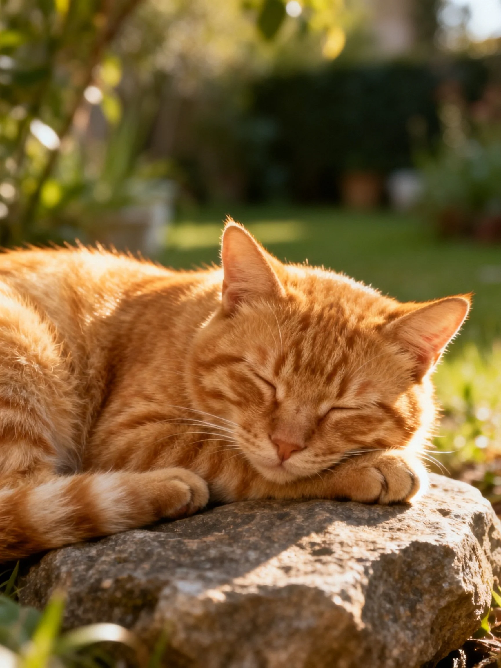 Orange tabby cat sleeps on a rock in bright sunlight