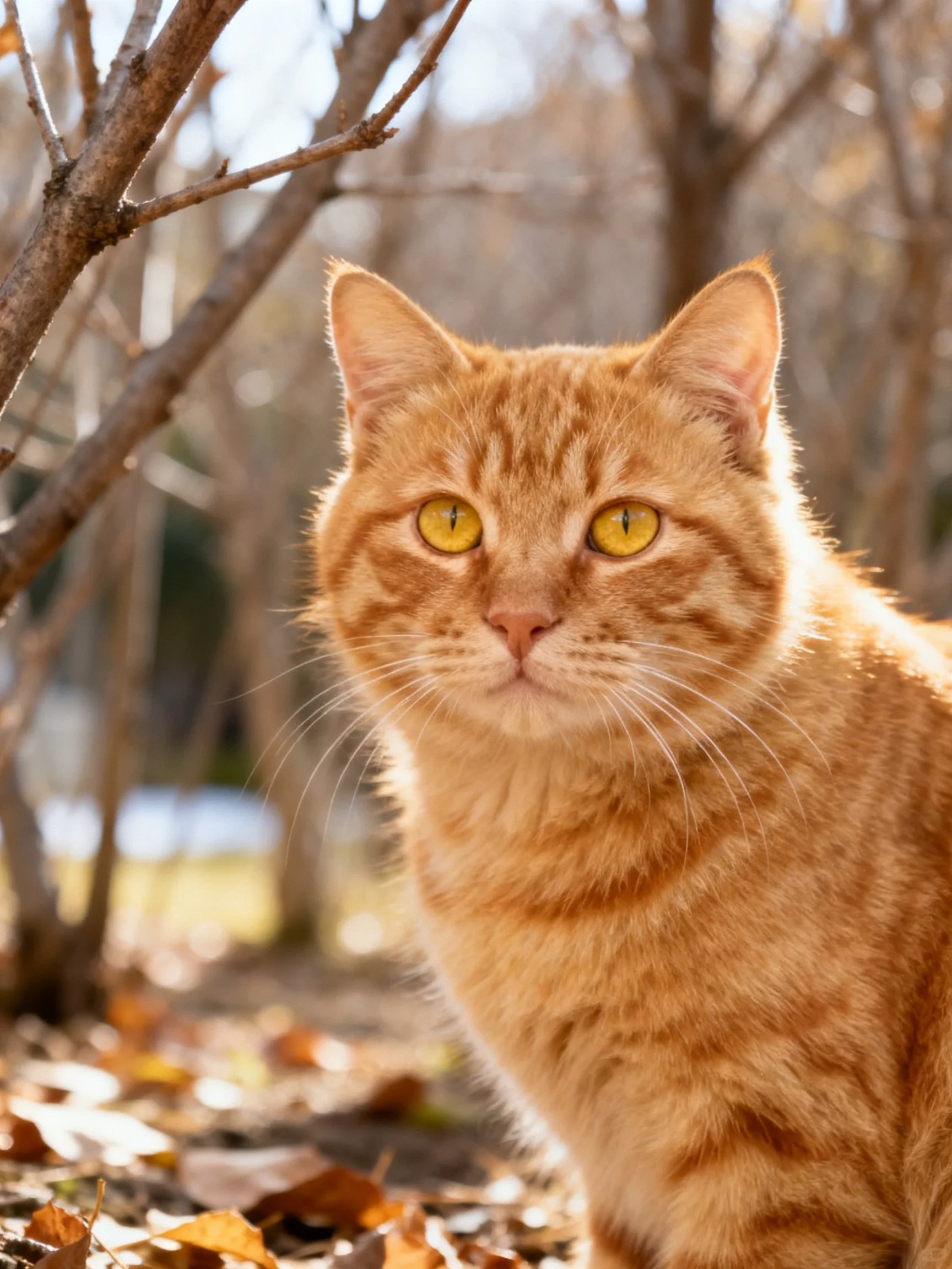 A golden-orange tabby cat sits near bare branches and fallen leaves in sunlight.