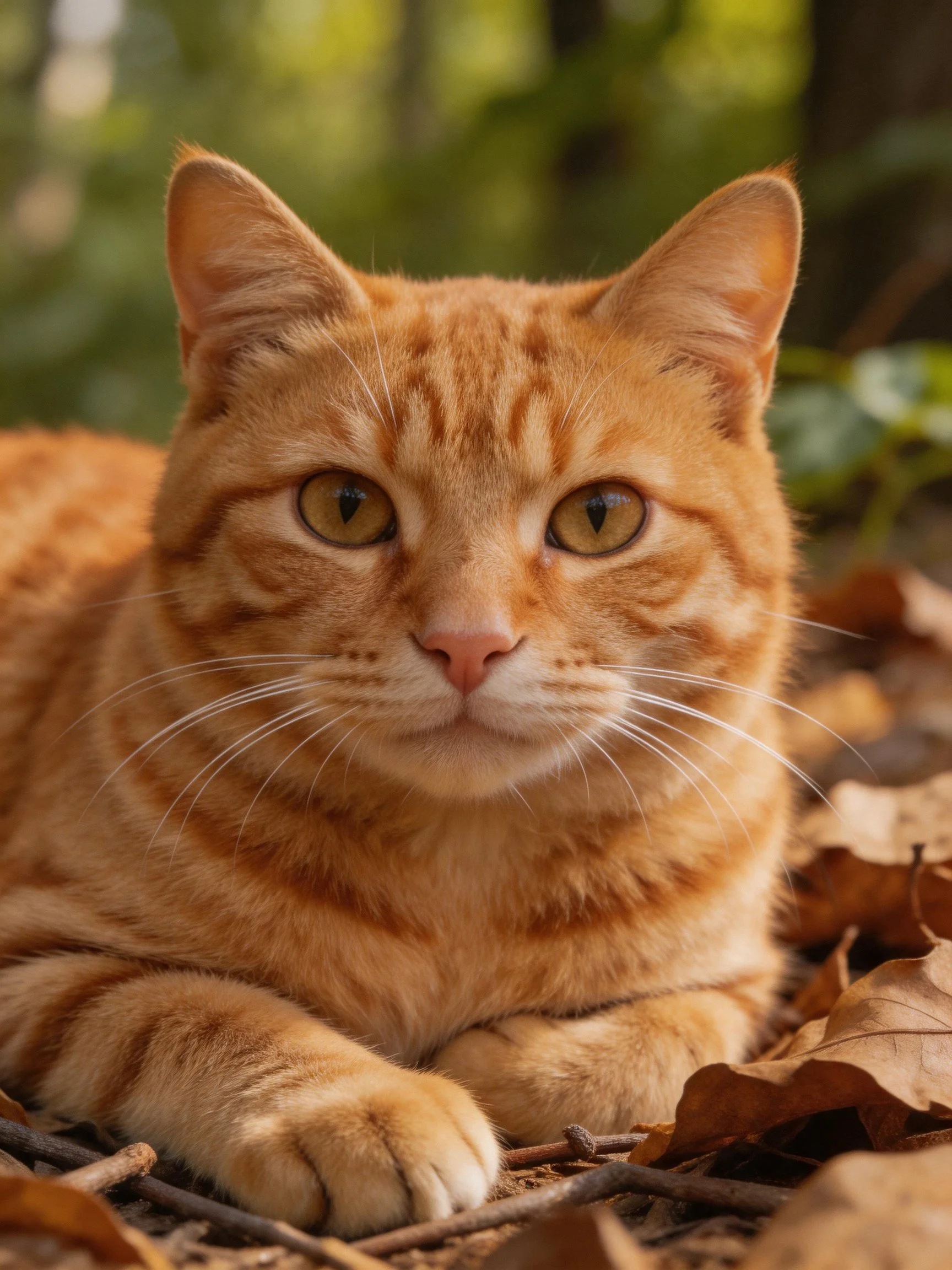 Golden-orange tabby cat resting amid fallen autumn leaves