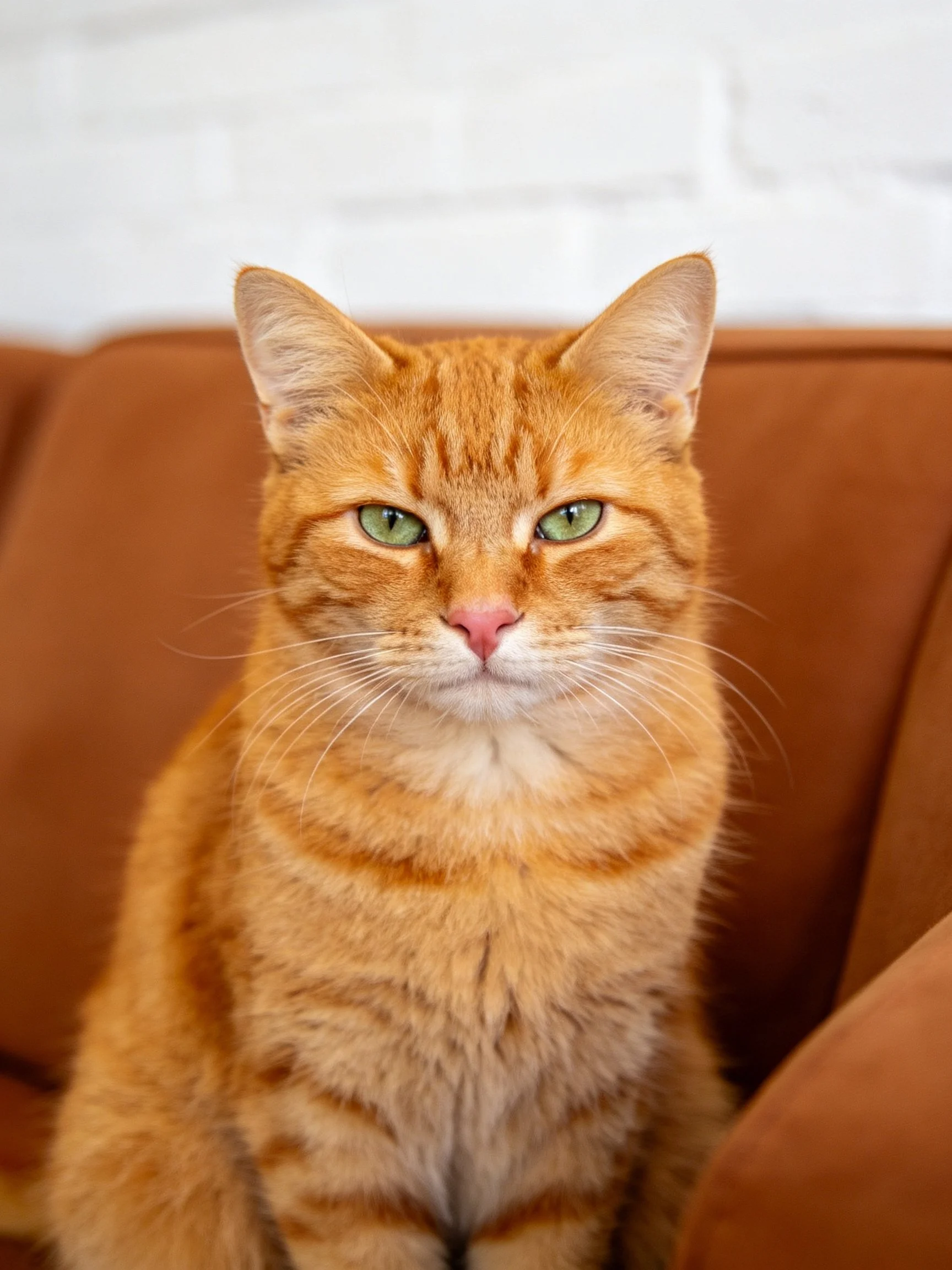 Golden-orange tabby cat resting on brown sofa with white brick backdrop