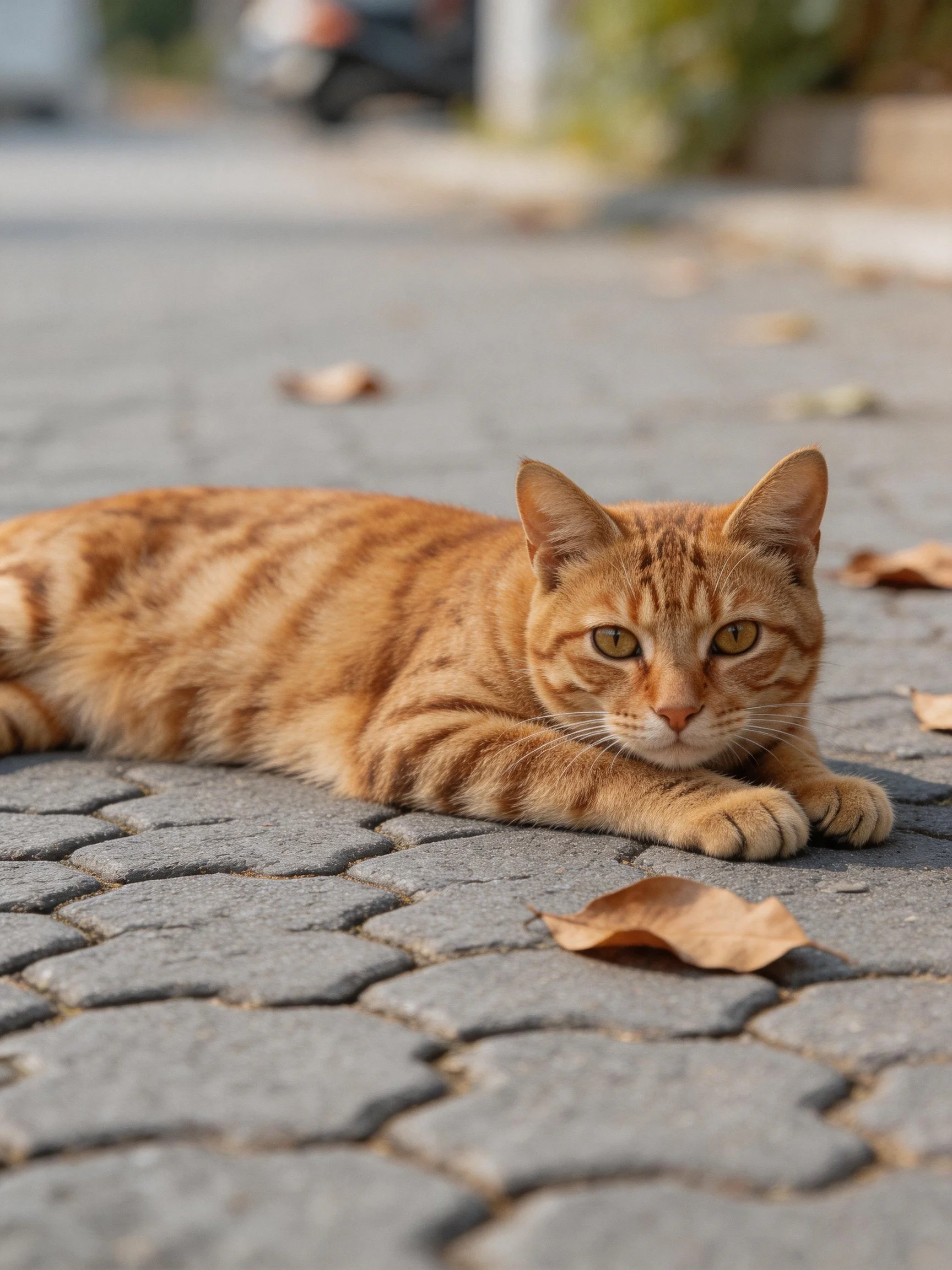 Golden-orange tabby cat resting on cobblestone path with leaves