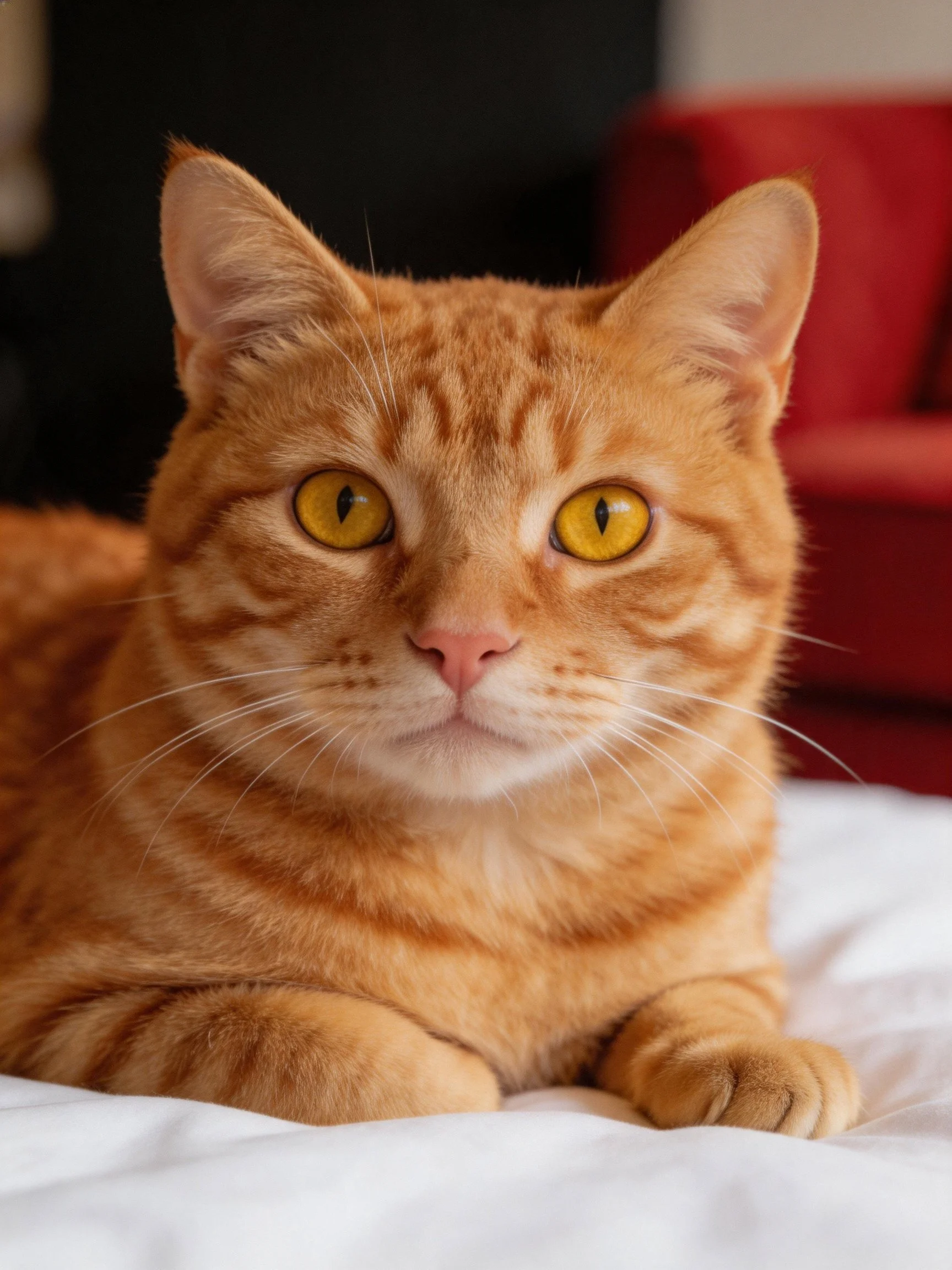 Golden-orange tabby cat resting on white fabric near red furniture