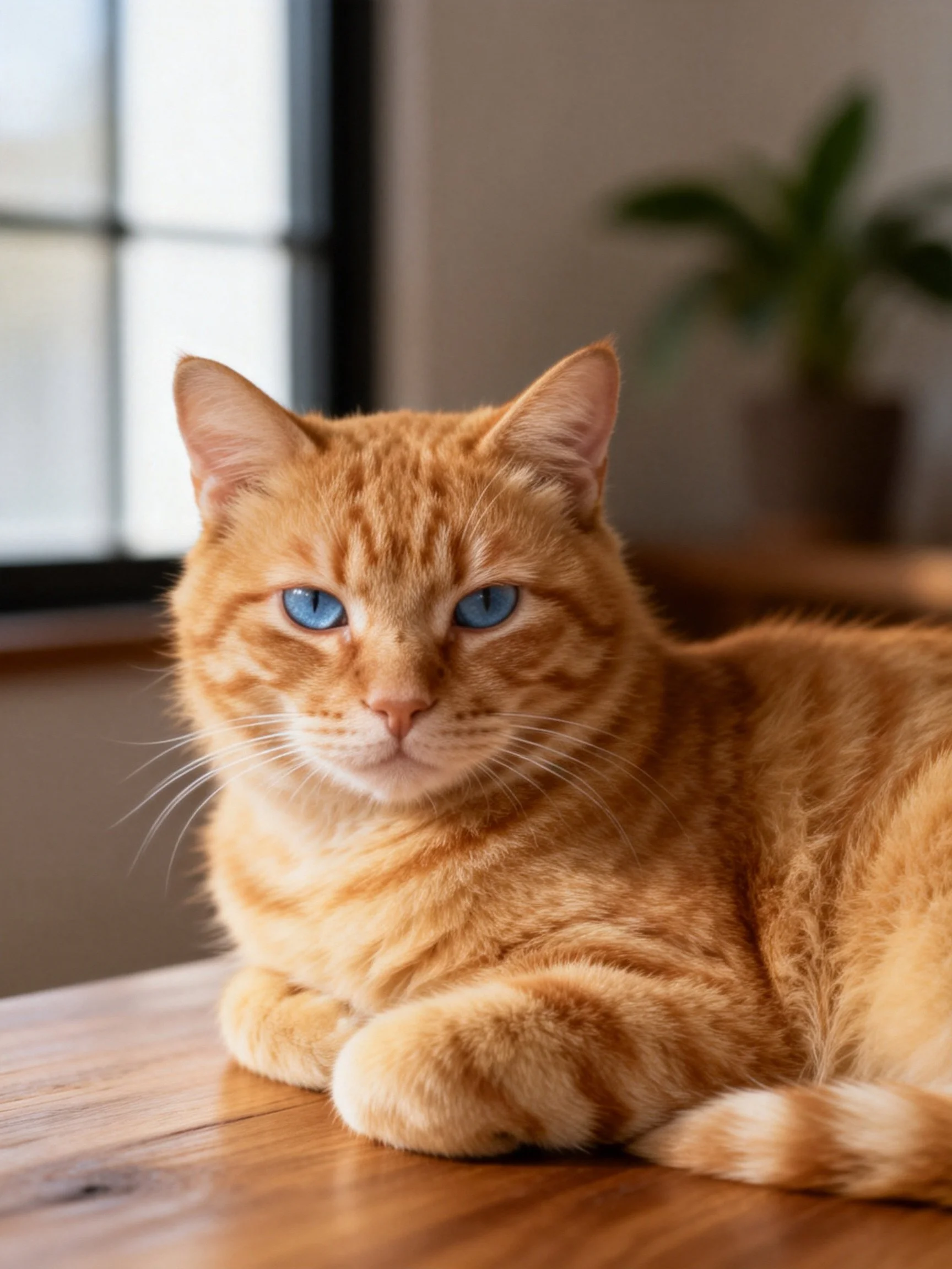 Golden-orange tabby cat resting on wooden table by bright window