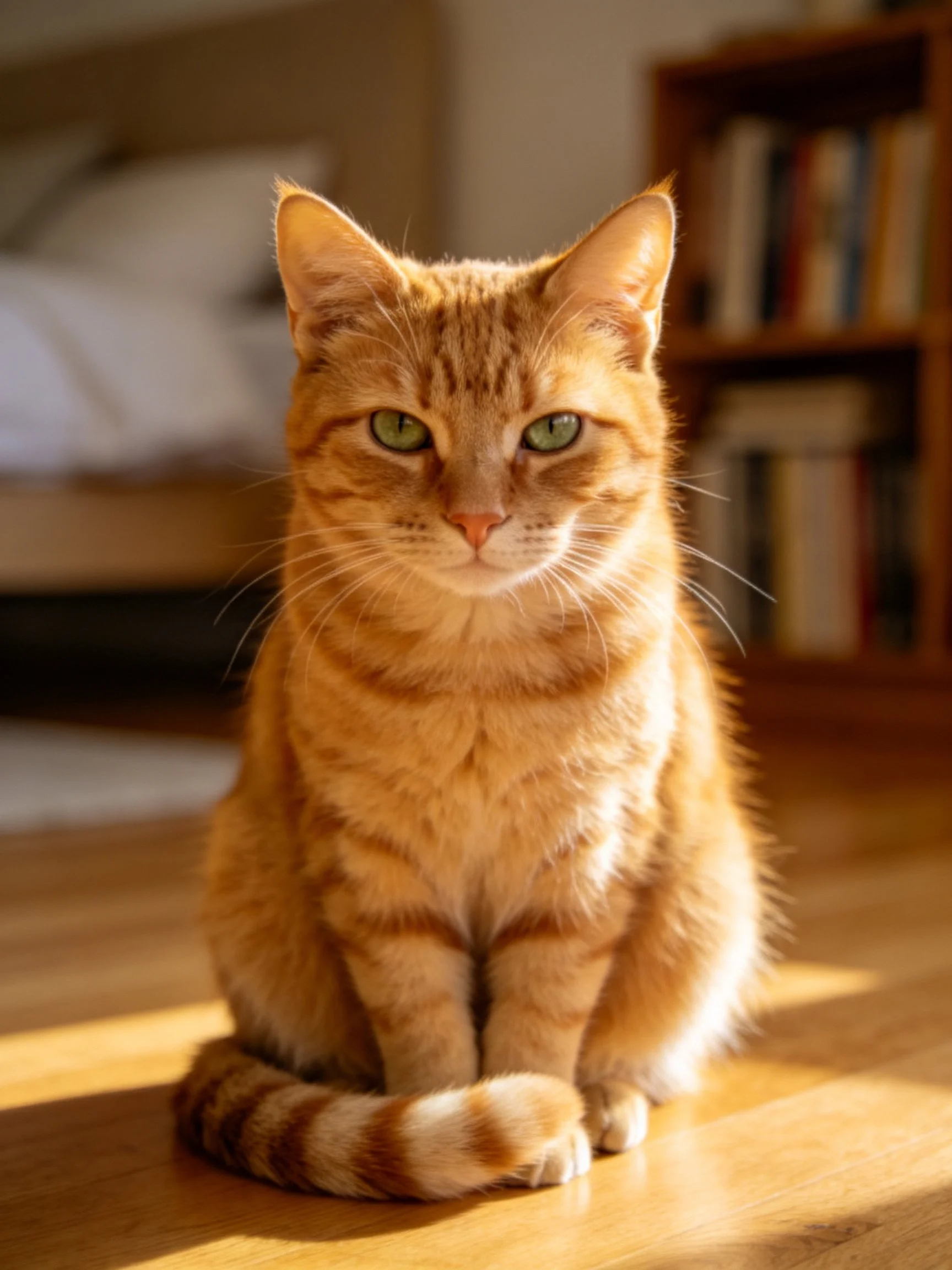 An orange tabby cat sits calmly on a wooden floor in a cozy indoor space.