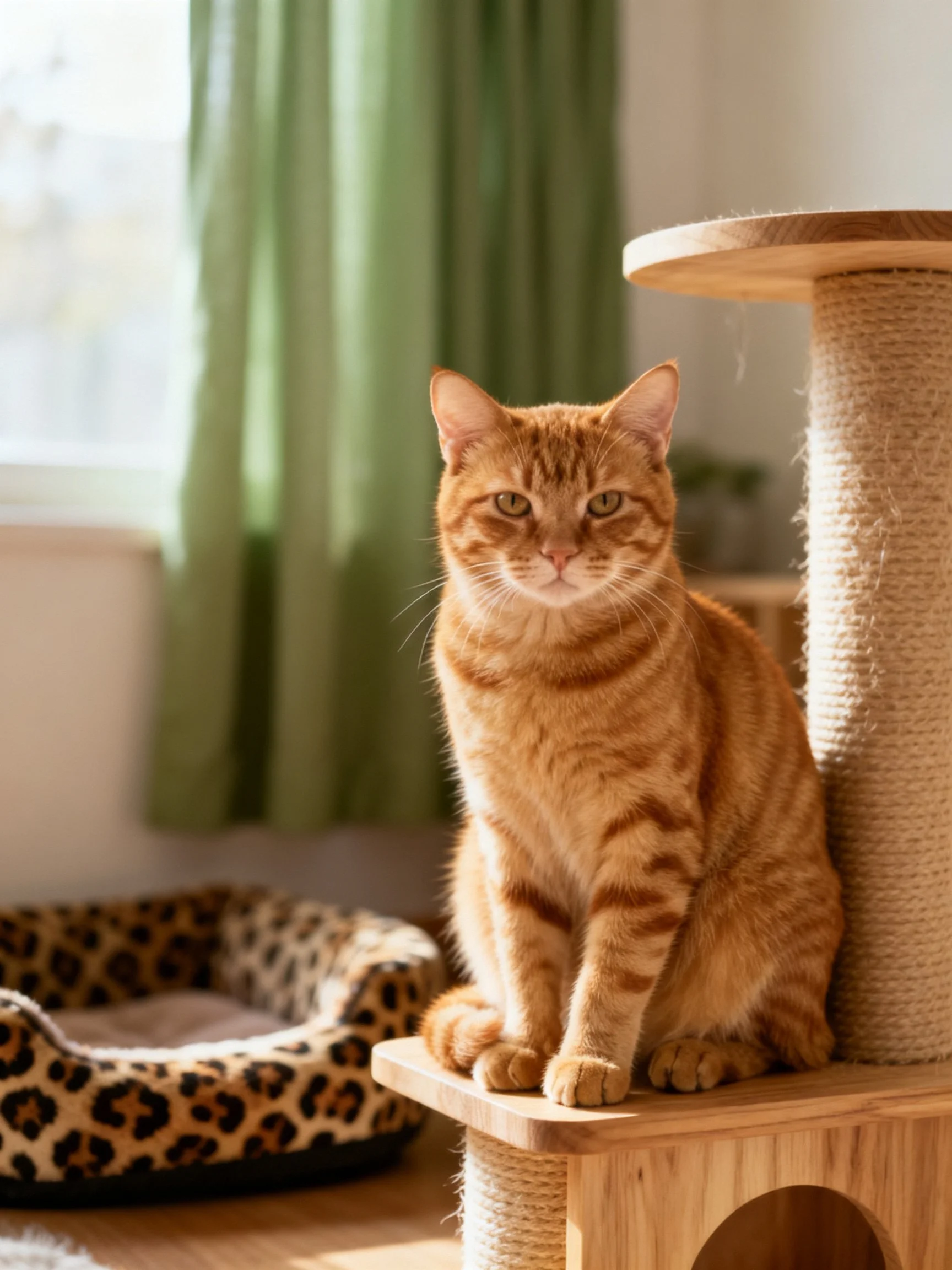 A golden-orange tabby cat sits on a wooden cat tree beside a leopard-print bed.