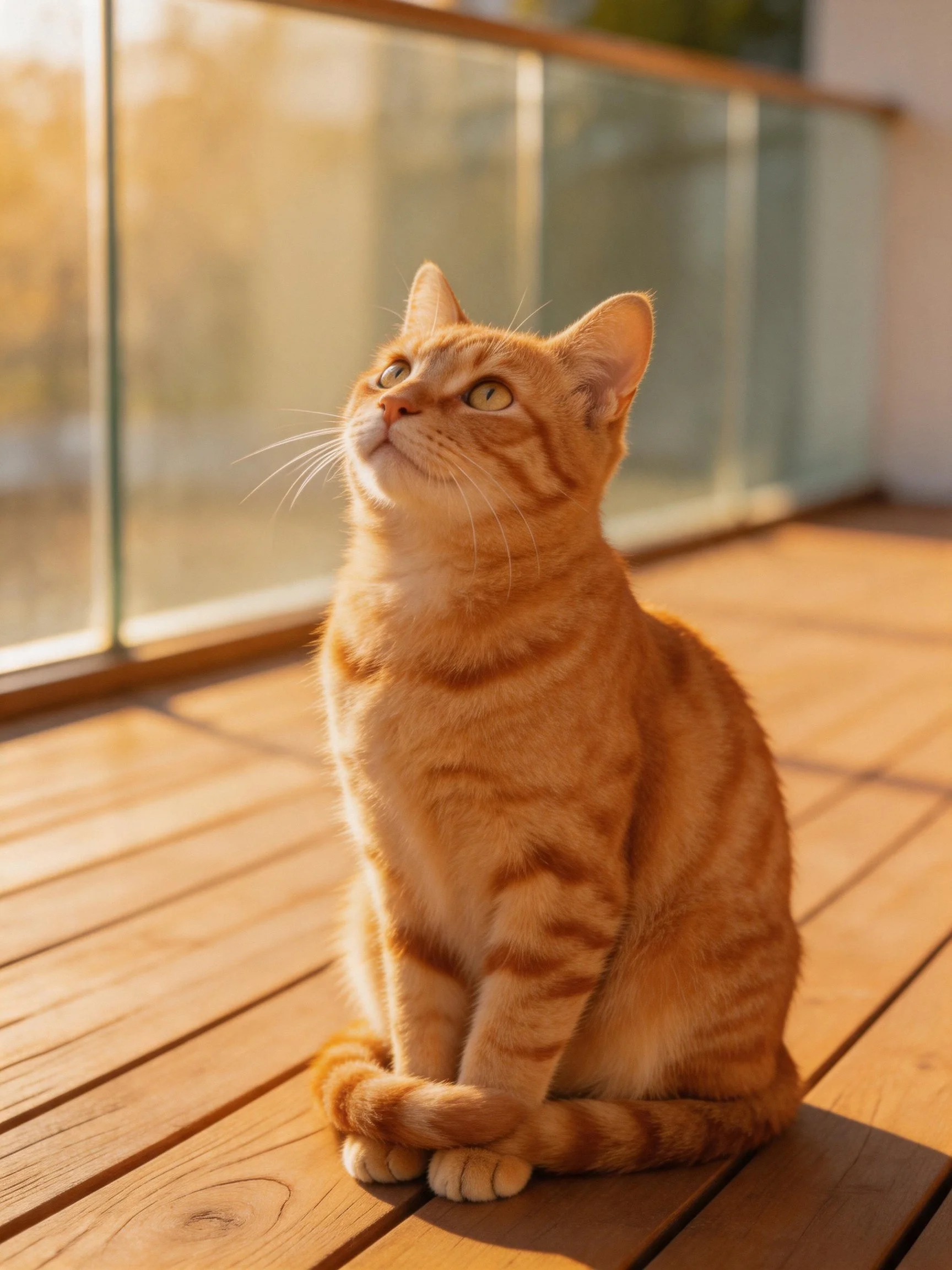 Golden-orange tabby cat sits on wooden deck near glass railings