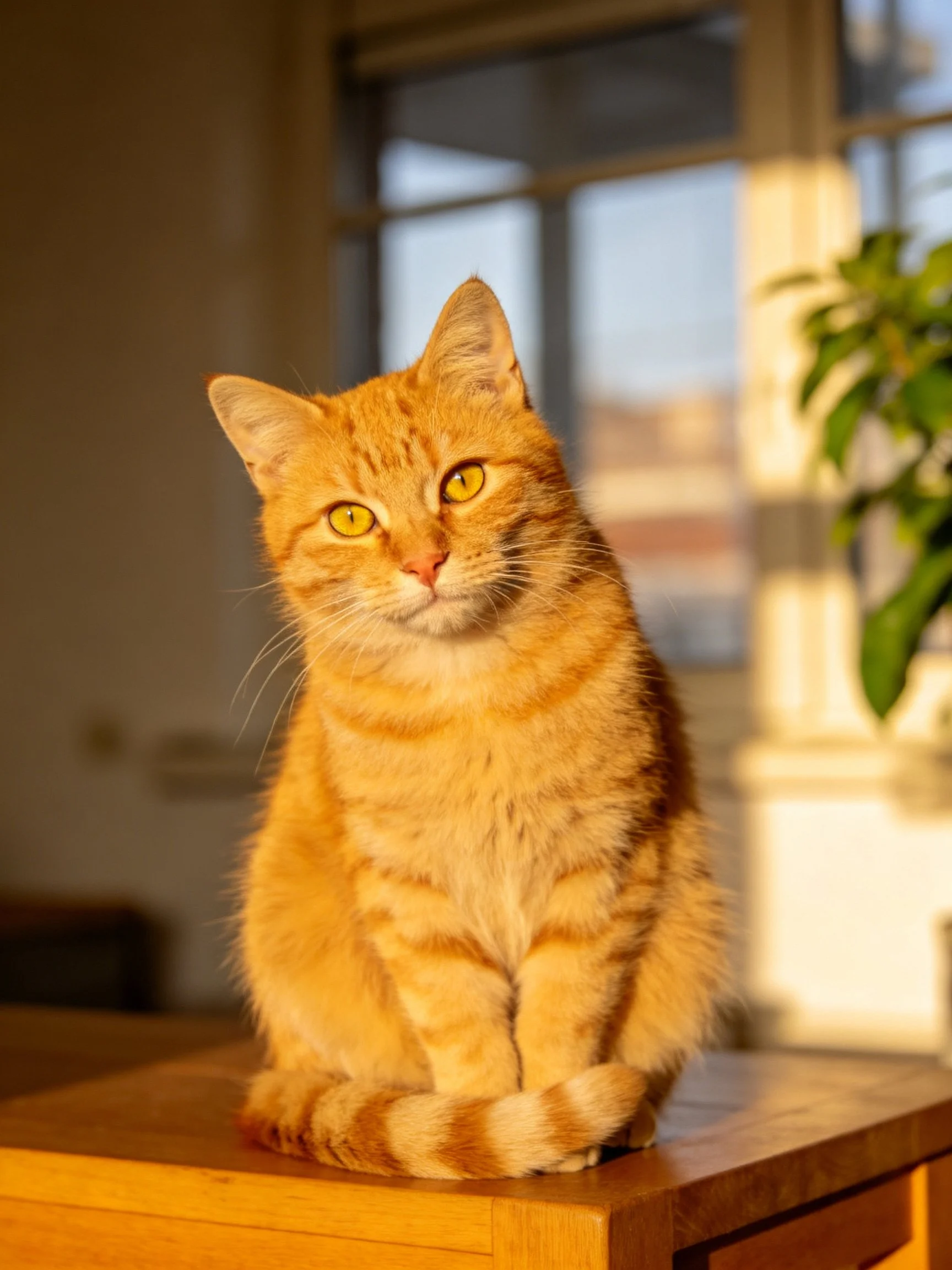 An orange tabby cat sits calmly on a wooden surface near a sunlit window.