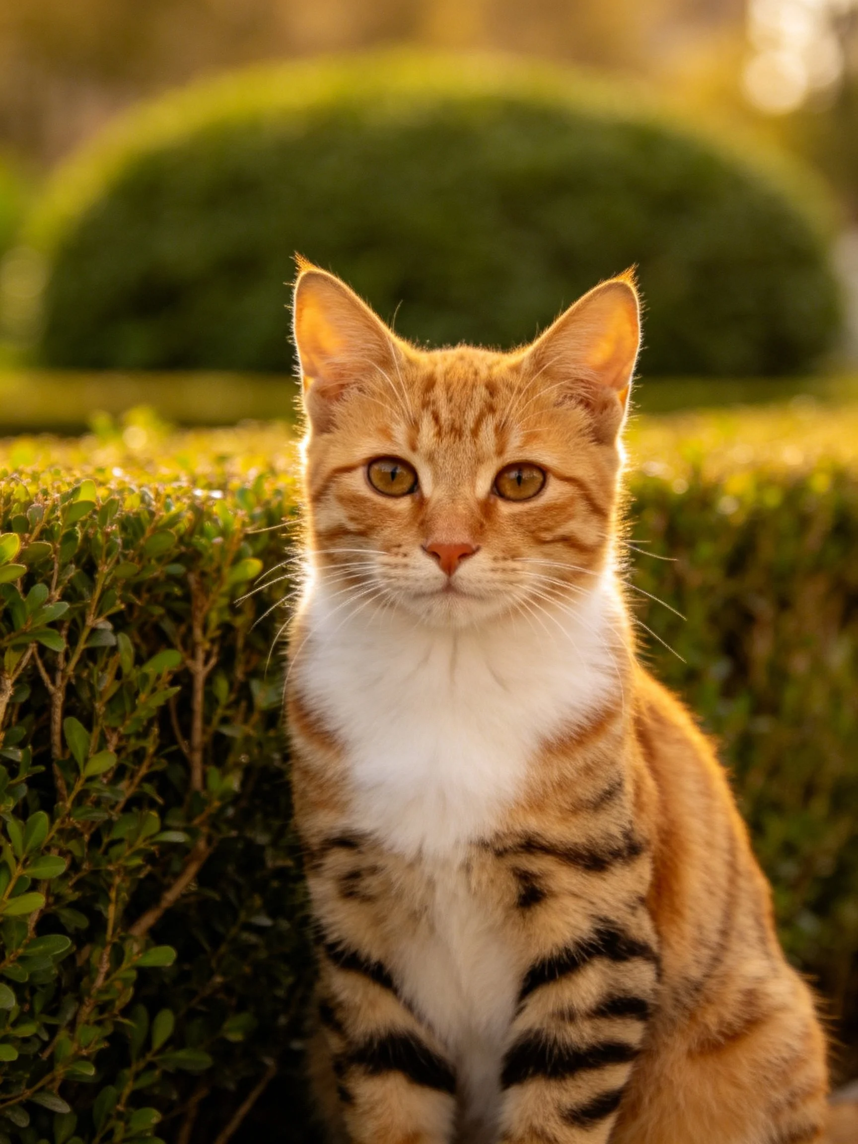 Golden-orange tabby cat sitting near lush green hedges in warm sunlight