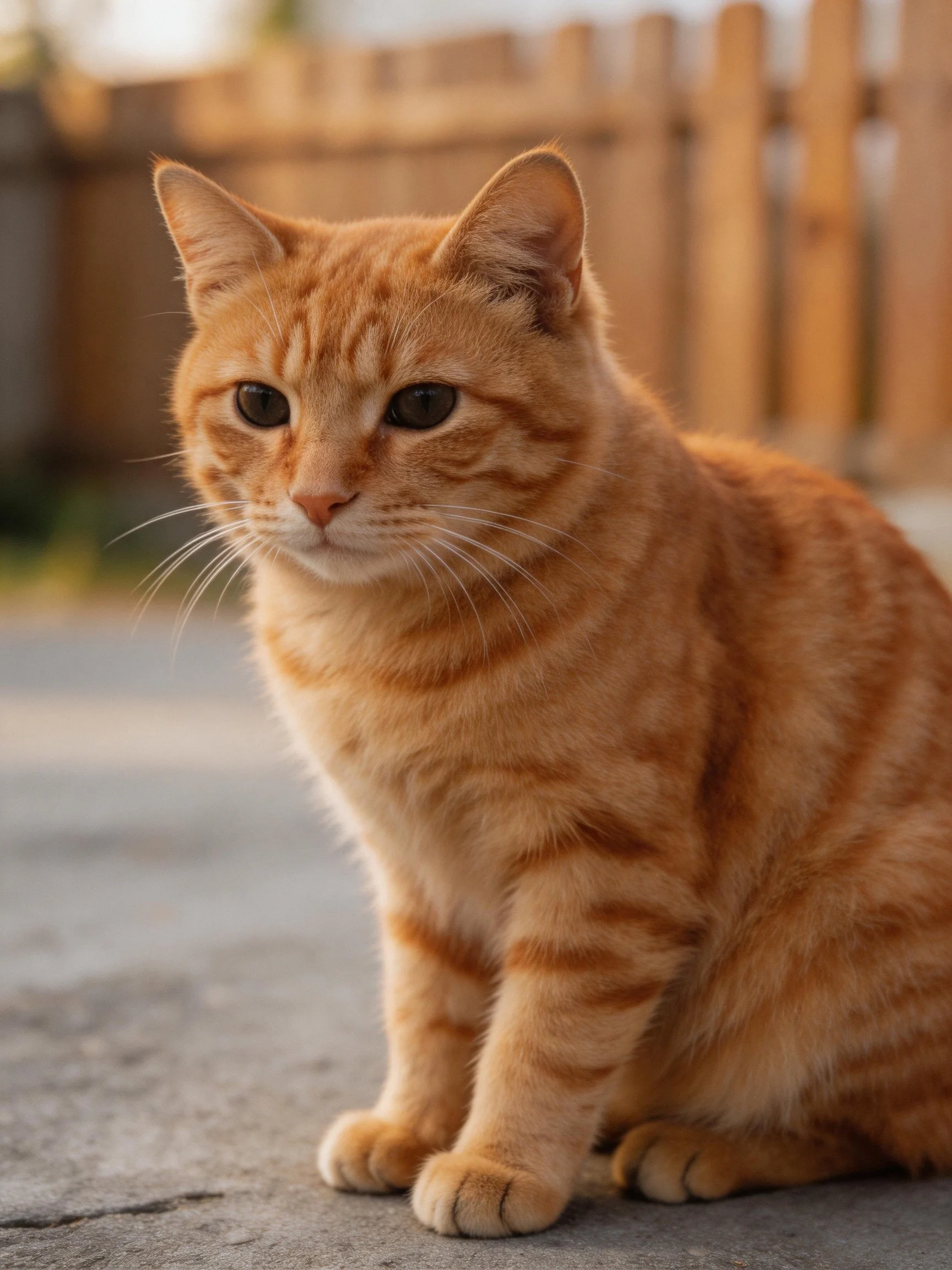 Golden-orange tabby cat sitting on pavement near wooden fence