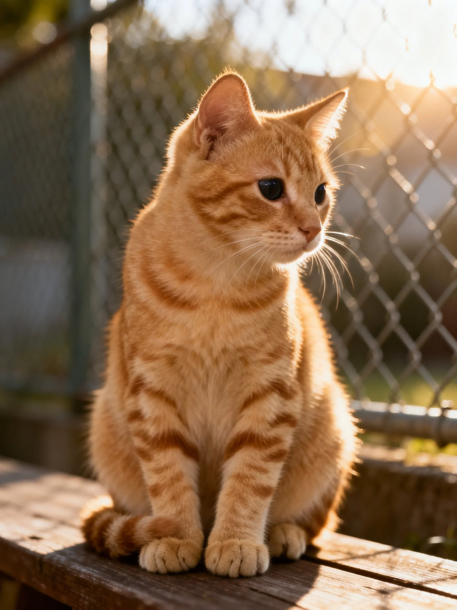 Golden-orange tabby cat sitting on wooden bench by chain-link fence