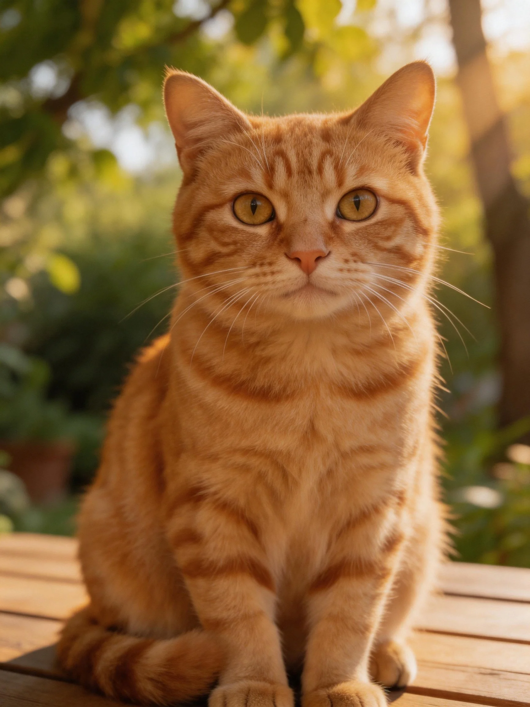 Golden-orange tabby cat sitting on wooden surface outdoors