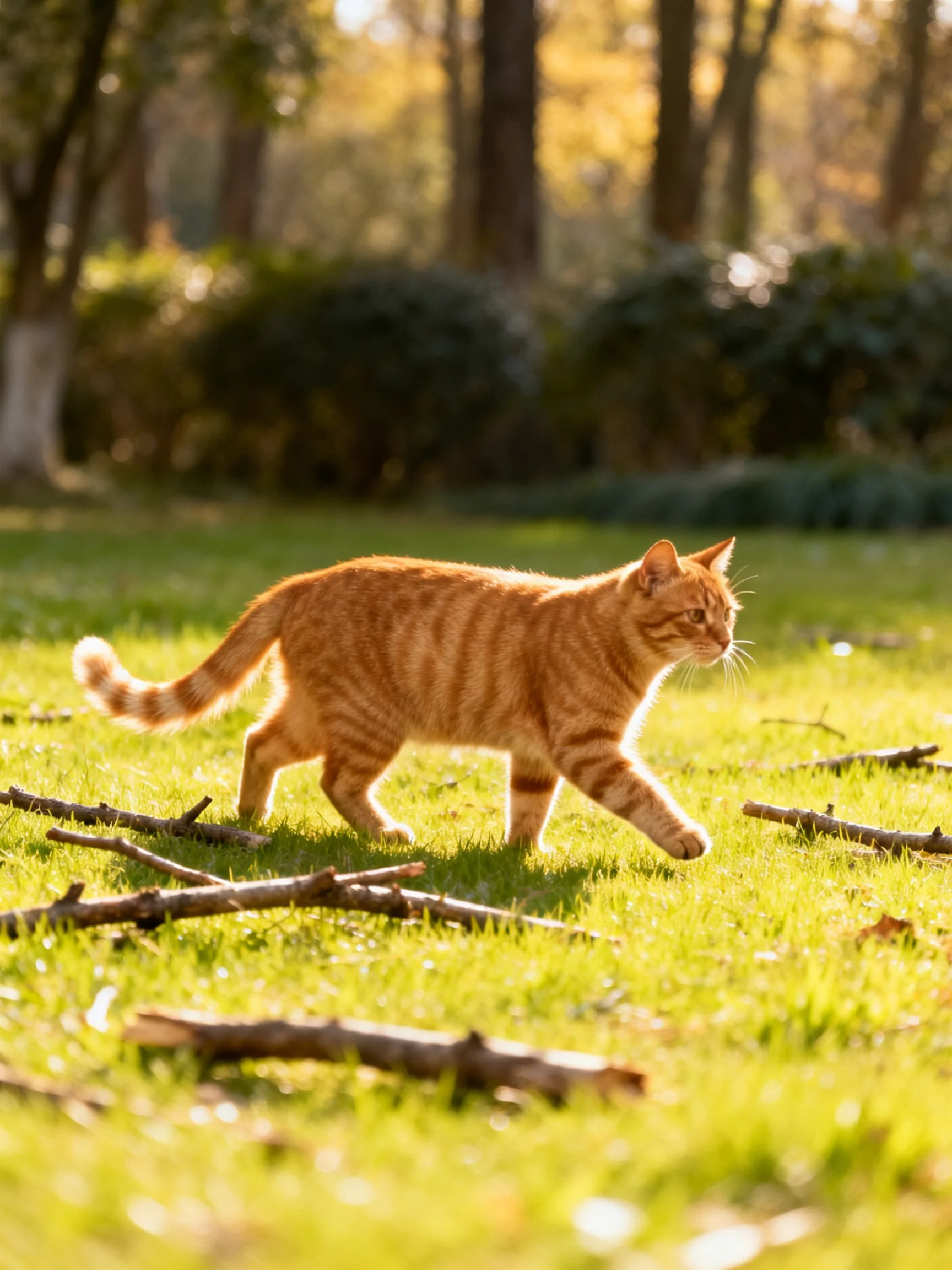 A golden-orange tabby cat explores a sunlit grassy area with scattered branches.