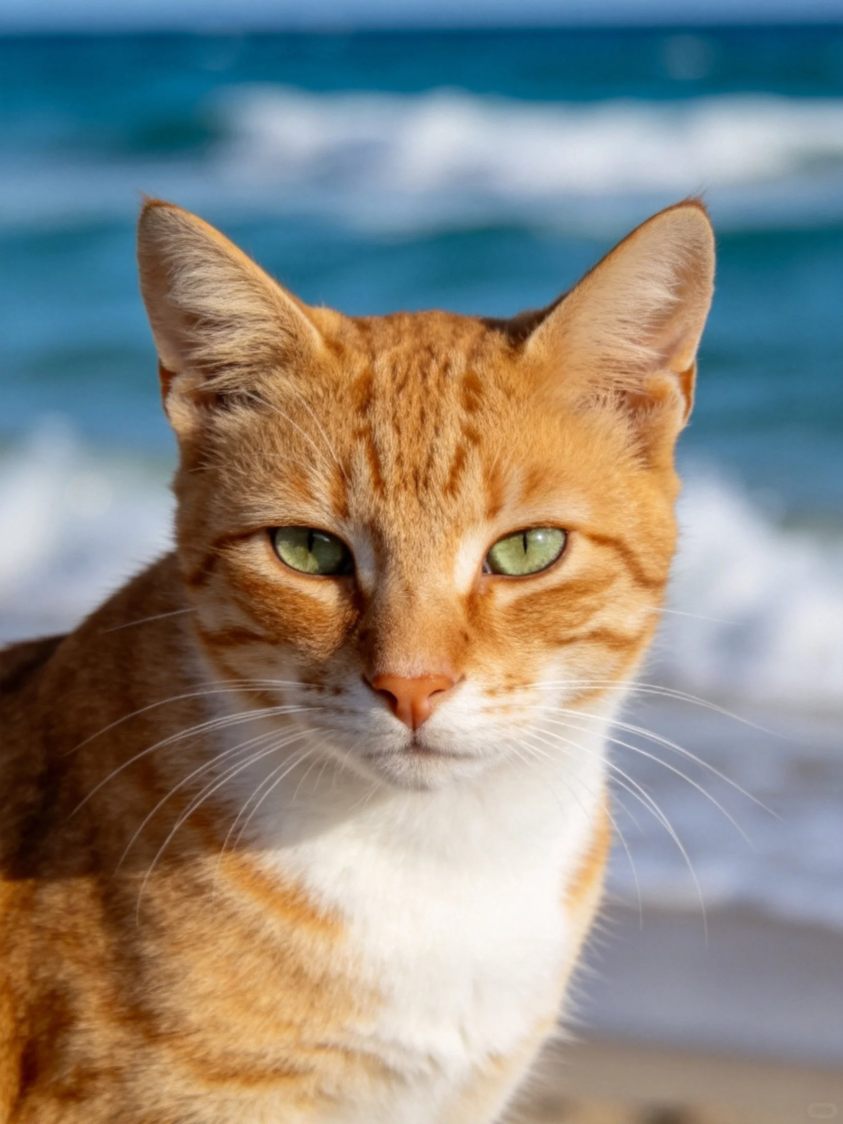 Golden-orange tabby cat with green eyes sits on a sandy beach near blue ocean waves.
