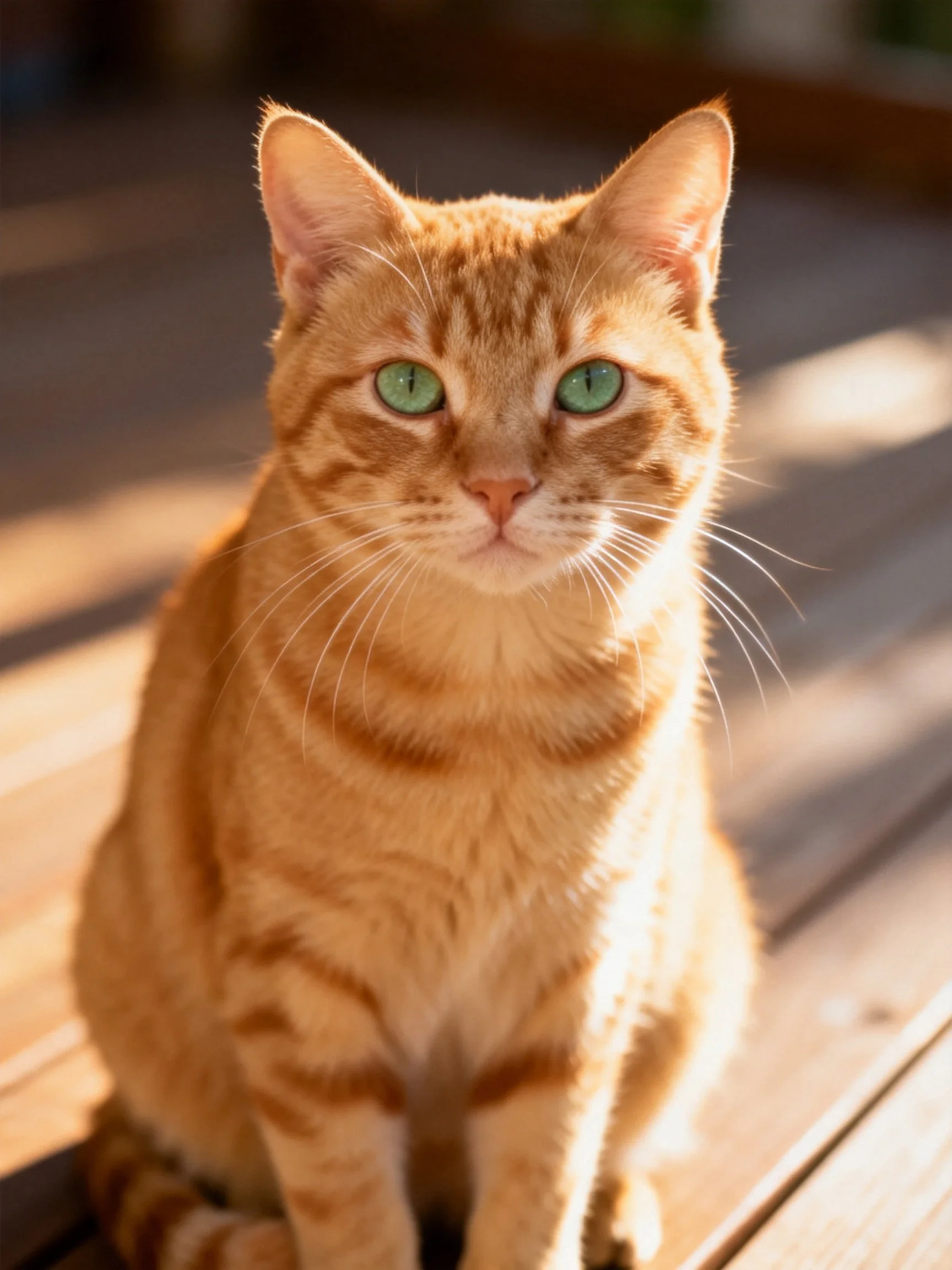 An orange tabby cat with green eyes sits on a wooden surface.
