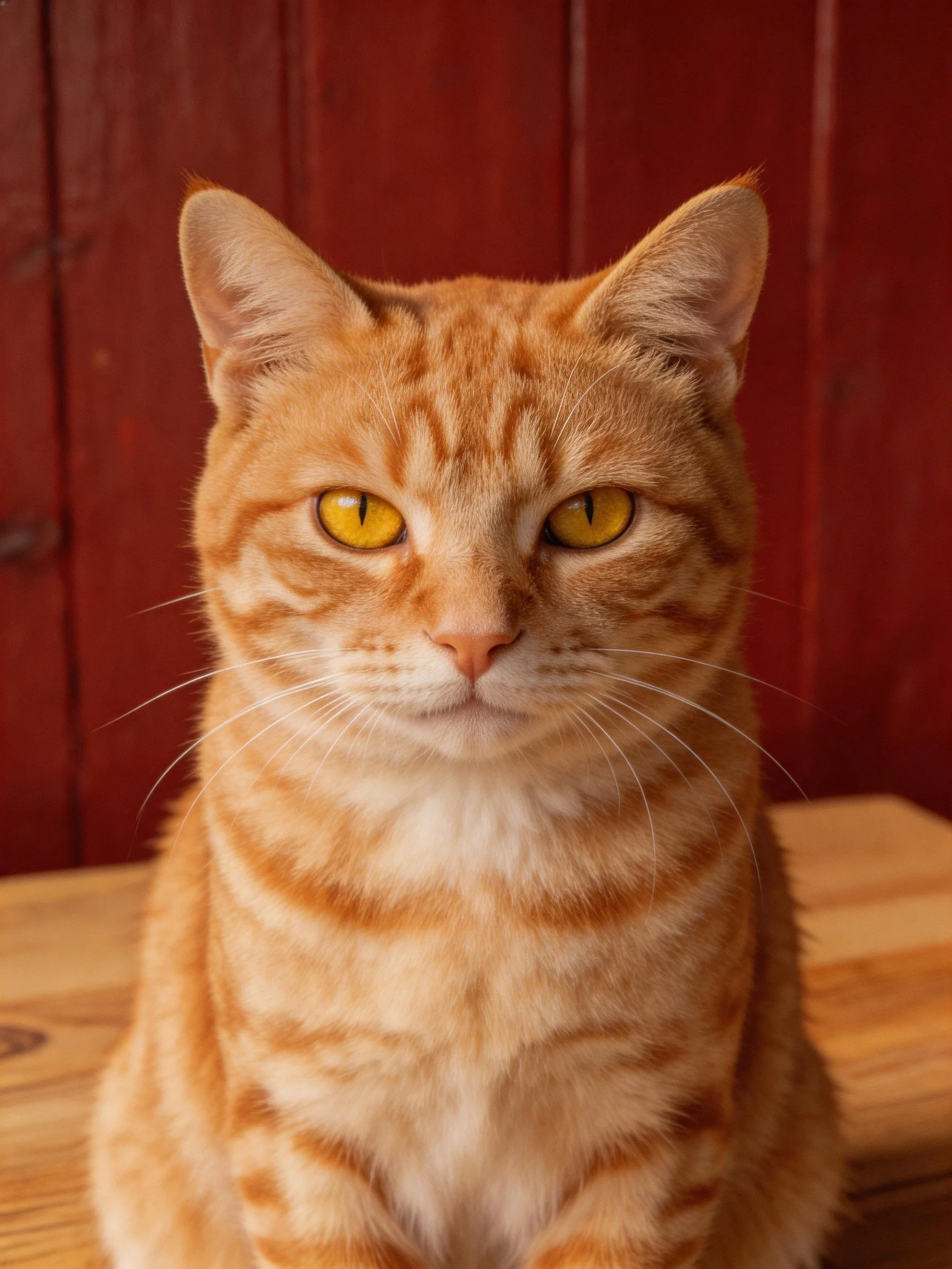 An orange tabby cat with yellow eyes sits on wood near red walls.