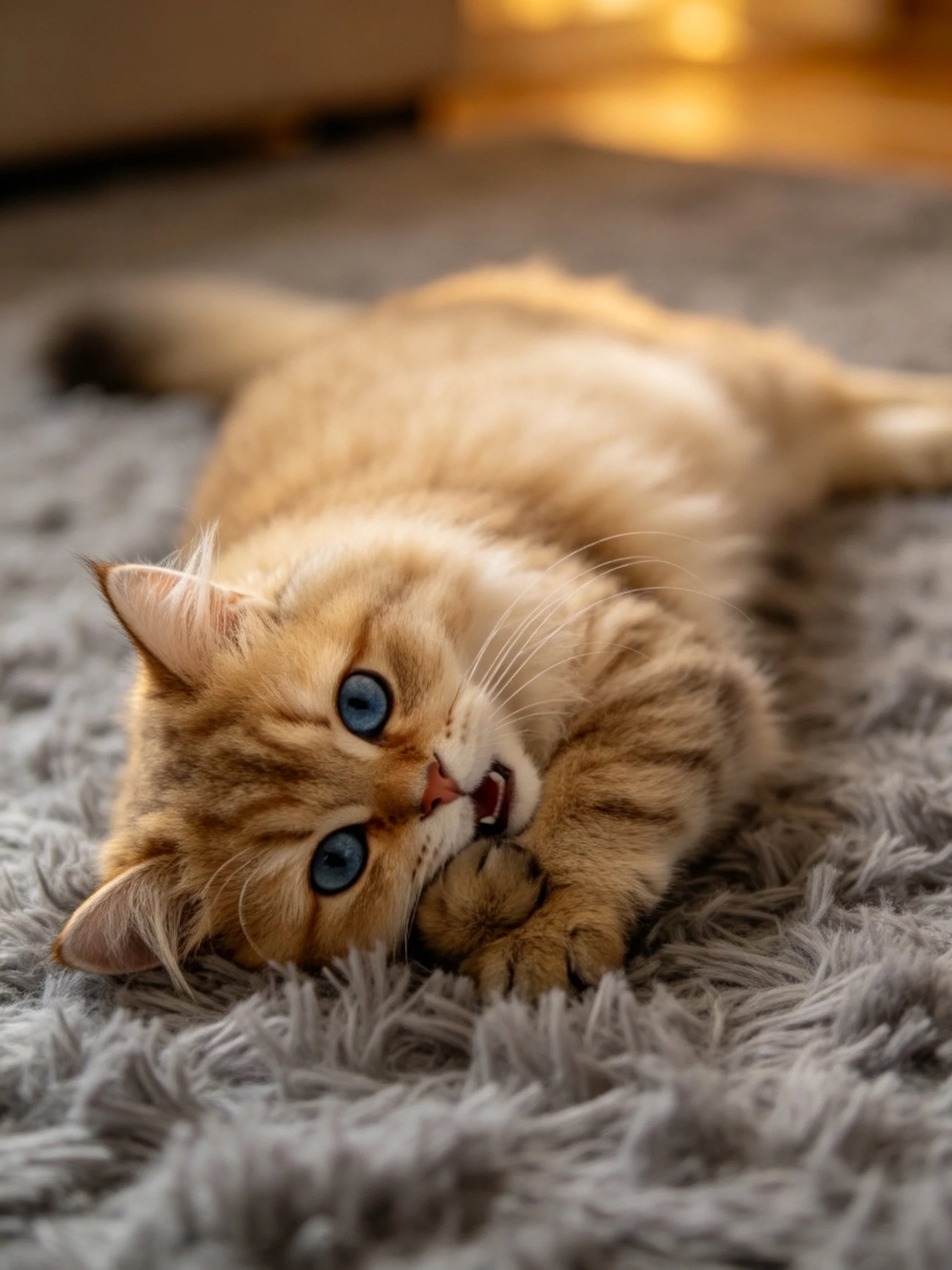 Golden tabby kitten with blue eyes relaxes on shaggy gray rug.