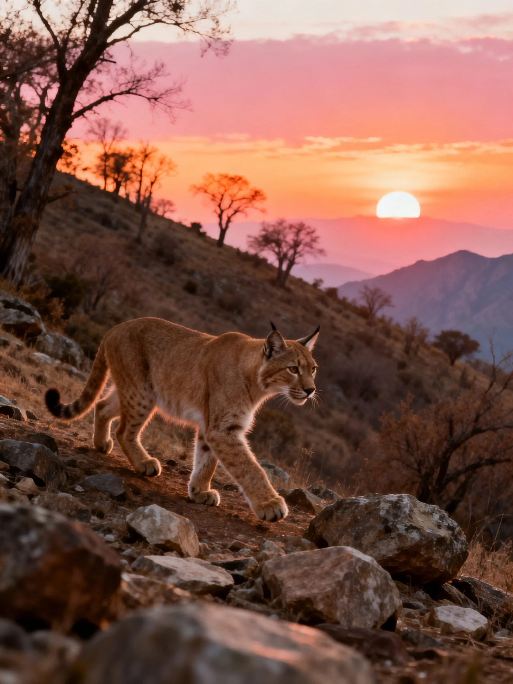 Golden wildcat roams rocky hillside at vibrant sunset