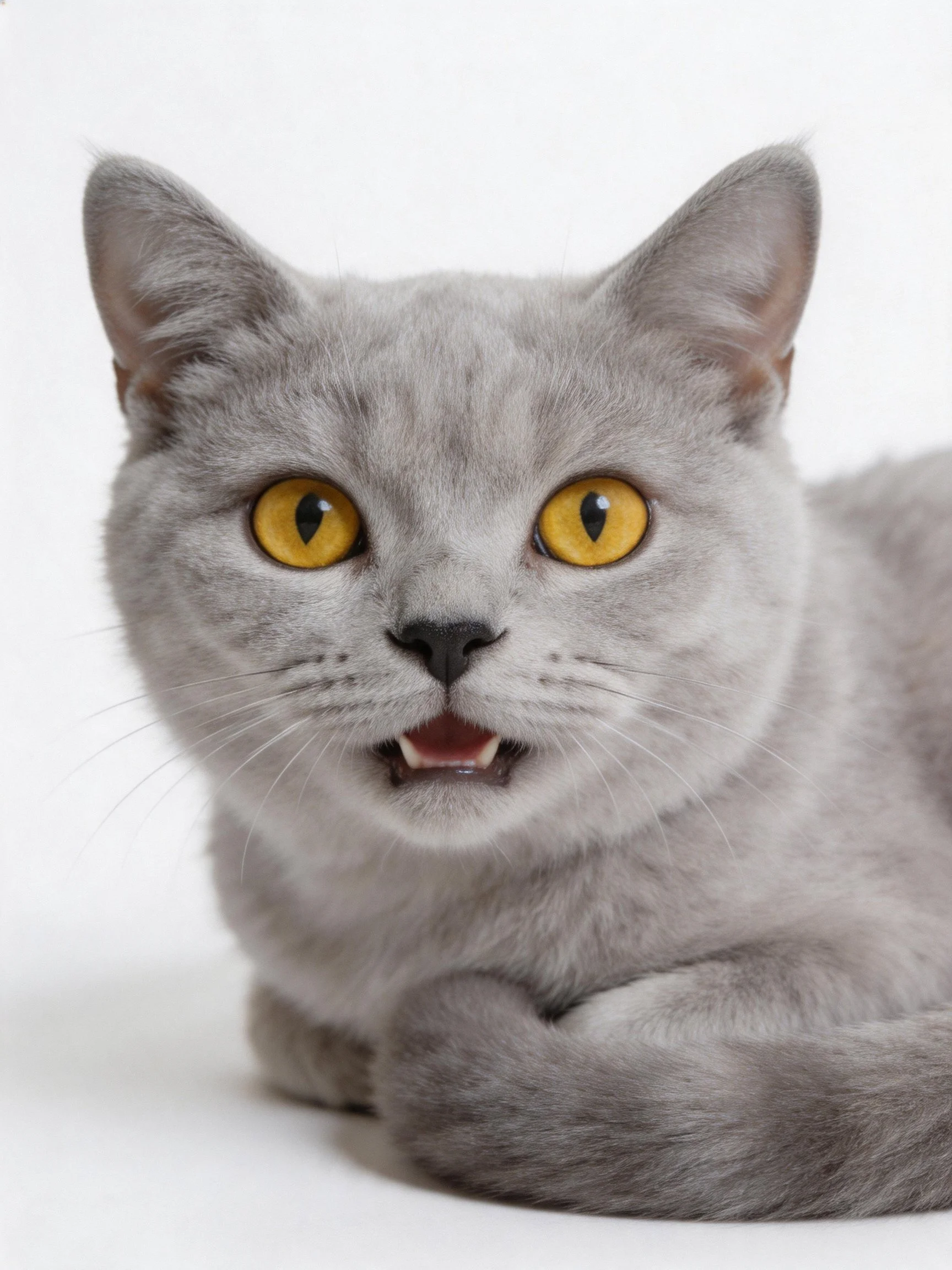 A gray British Shorthair cat with vivid yellow eyes rests against a plain white background.