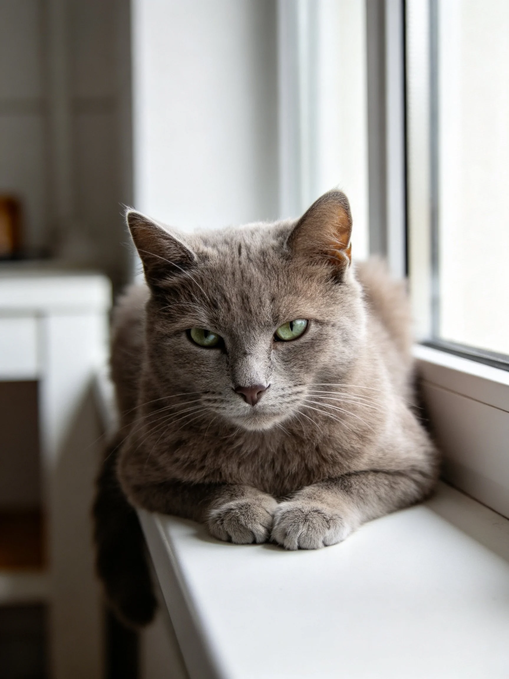 A gray cat with green eyes rests on a white windowsill near a bright window.
