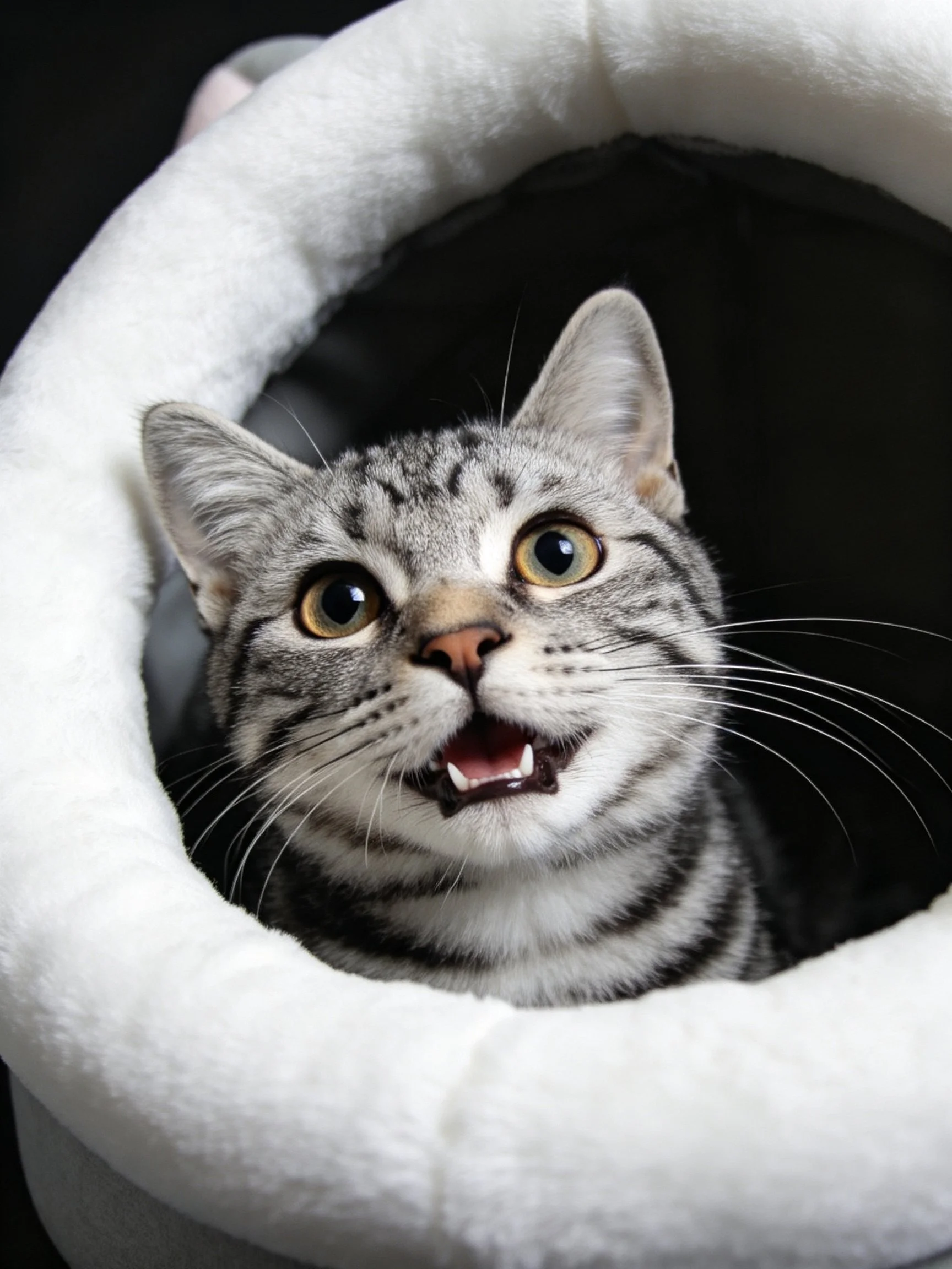 Gray Tabby Cat in White Plush Pet Bed