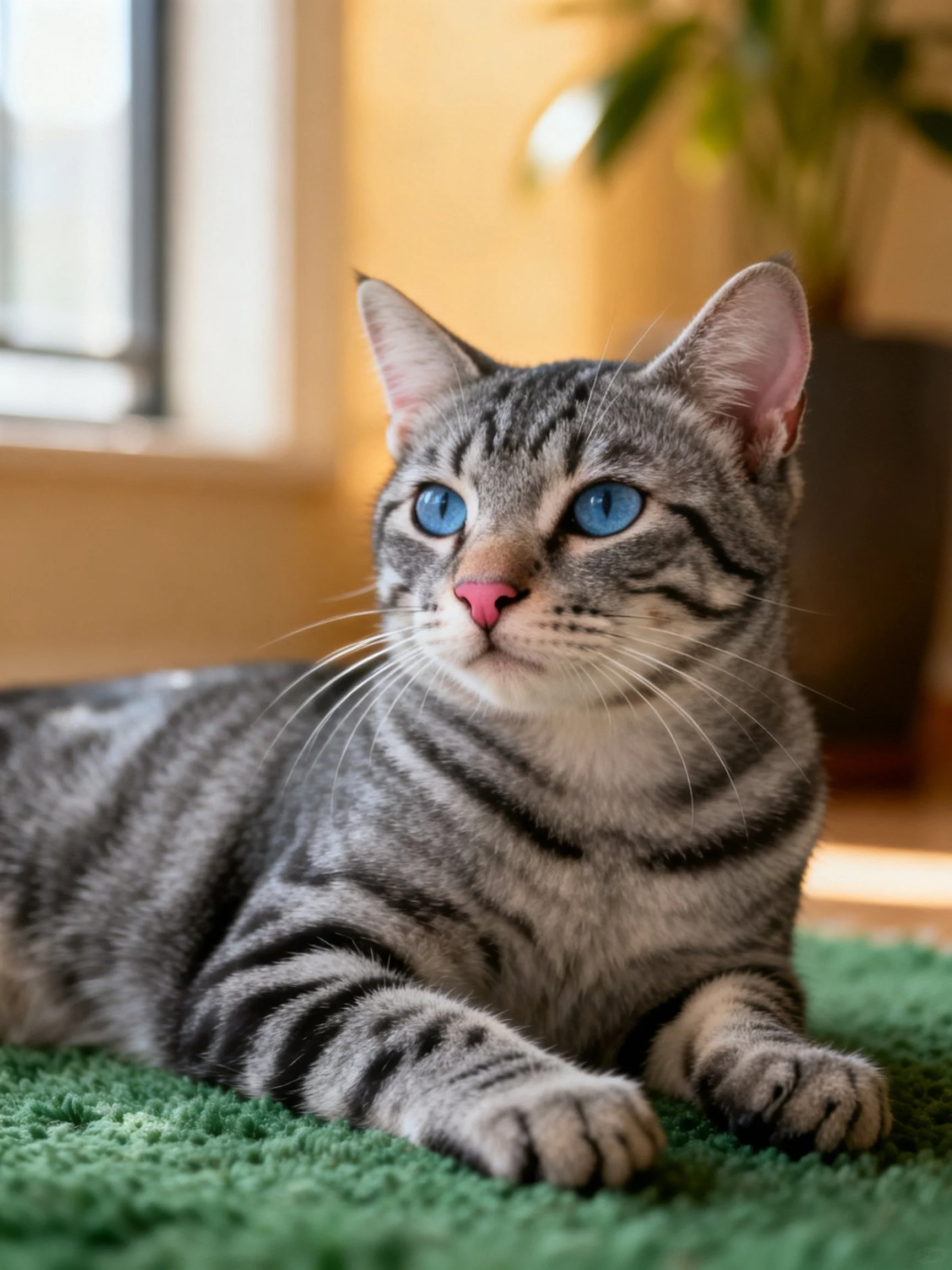 A gray tabby cat with blue eyes relaxes on a green indoor rug