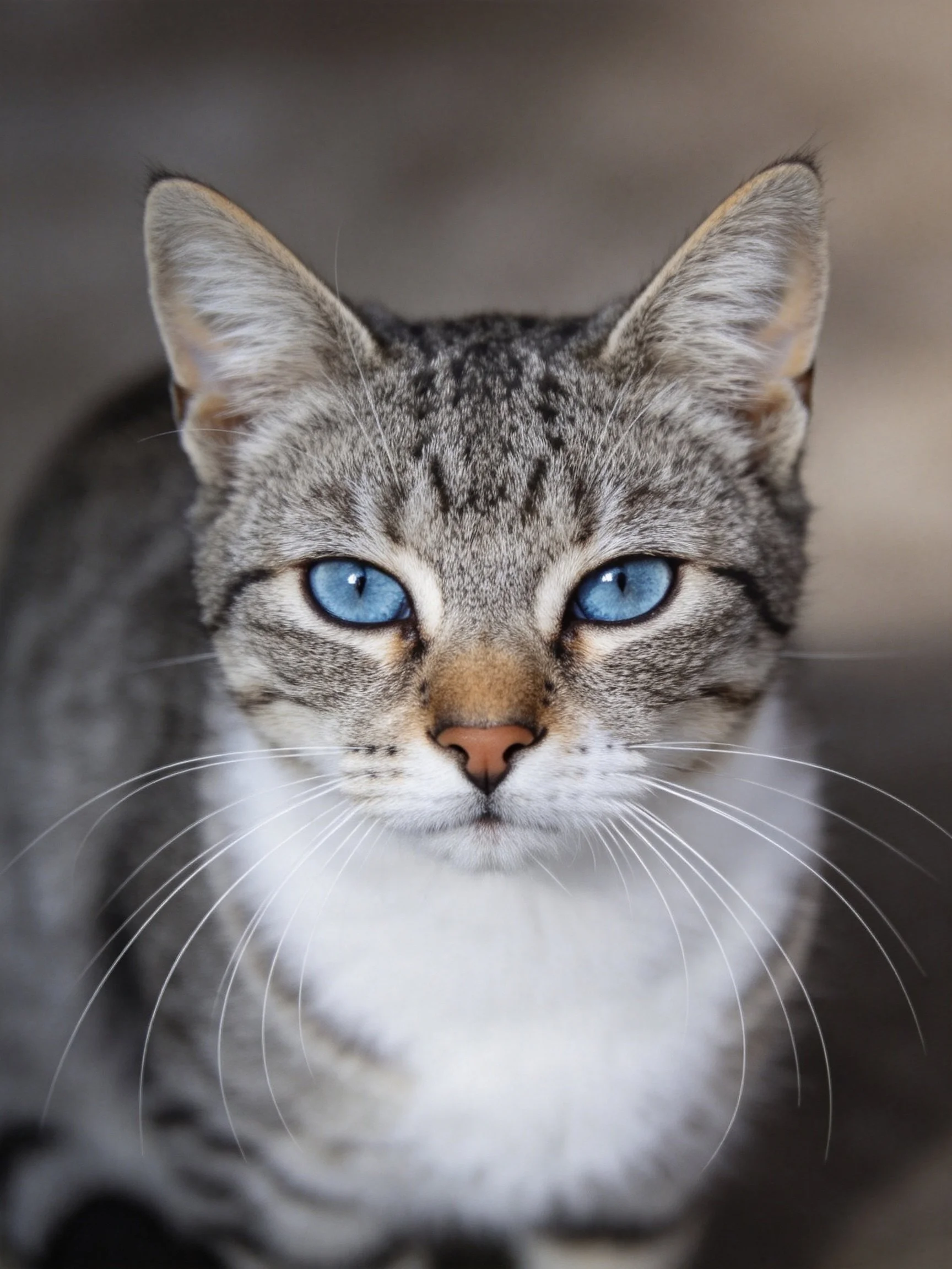 A gray tabby cat with blue eyes is centered against a blurred background.
