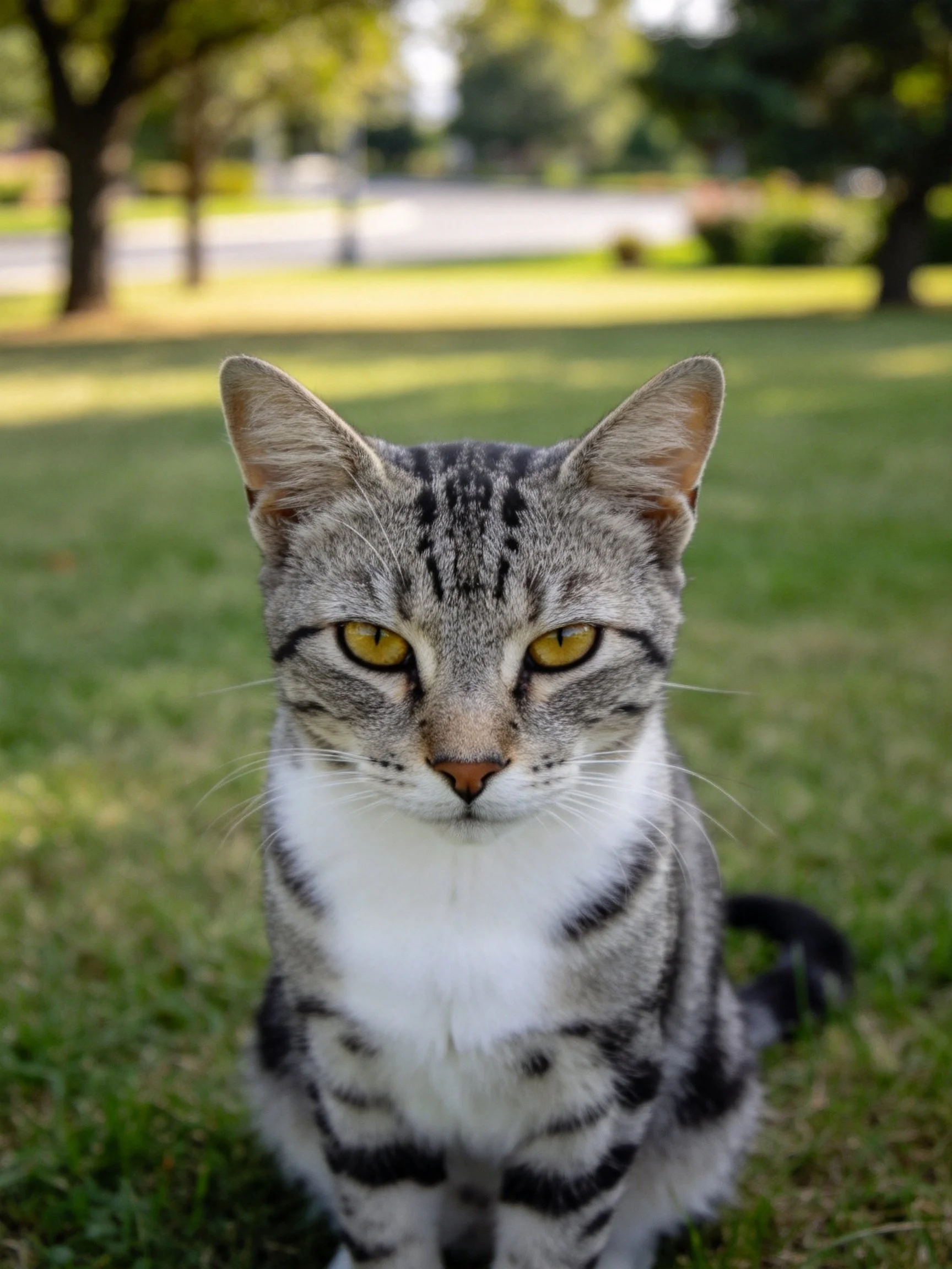 Gray and black striped cat sits calmly on grass in a sunlit outdoor area.