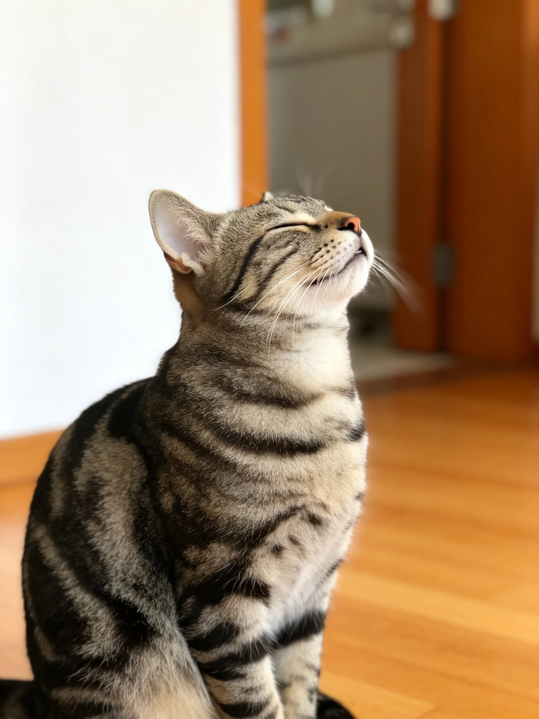 A gray tabby cat sits calmly with eyes closed indoors.