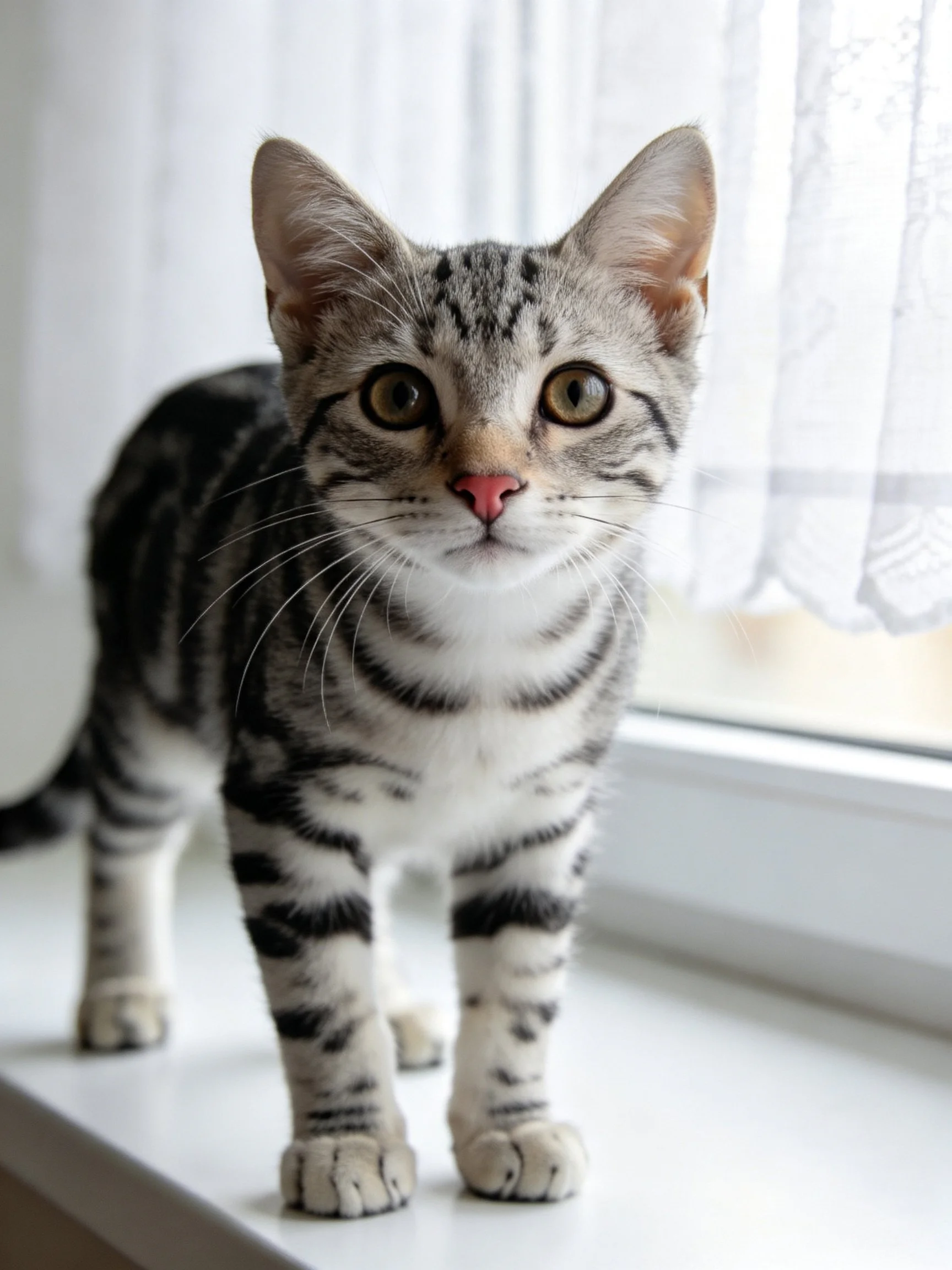 Gray and black striped kitten stands near bright window.