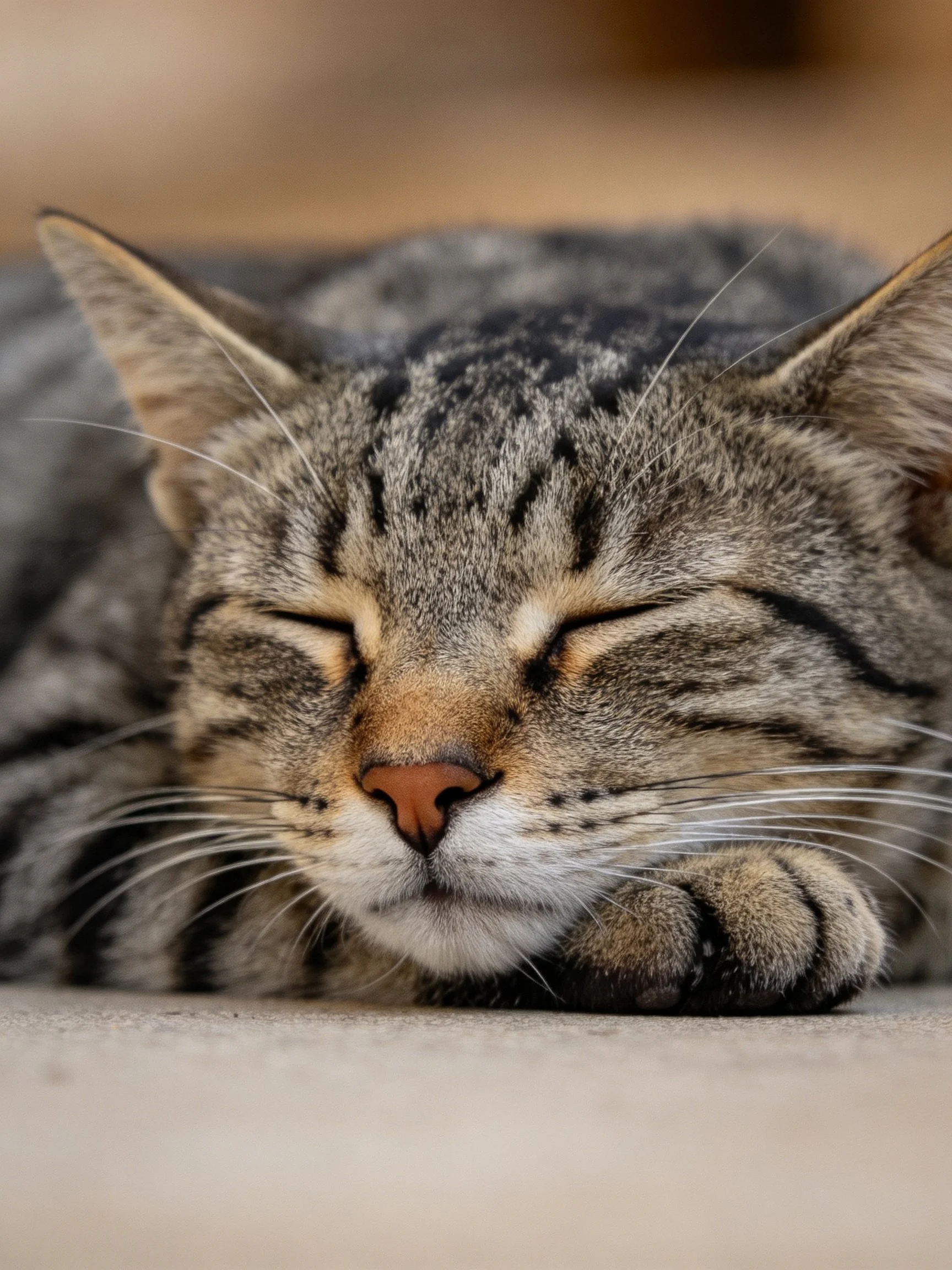 A gray and black striped tabby cat rests peacefully with eyes closed.