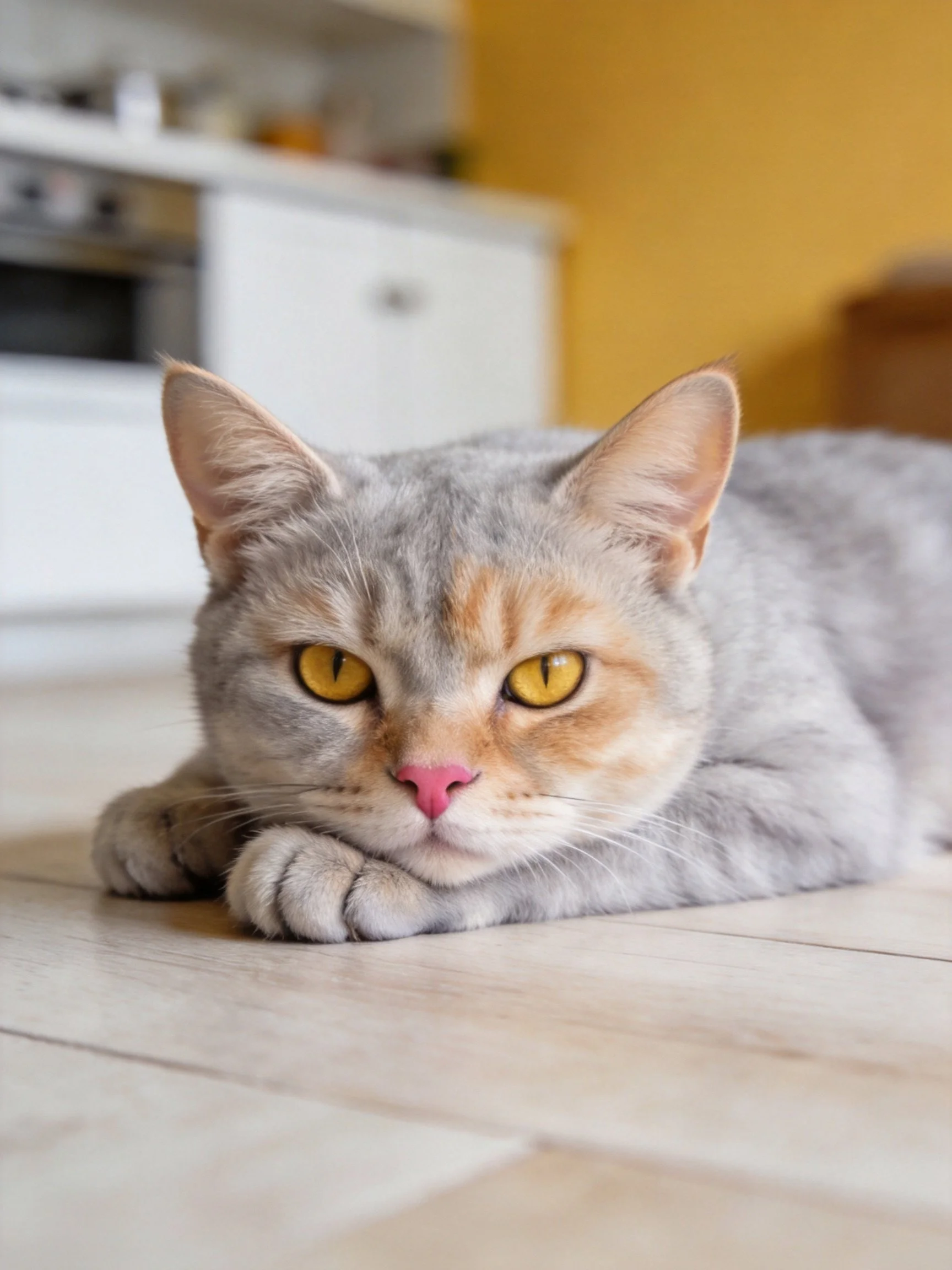 A gray and orange cat relaxes on a wooden floor in a home setting.