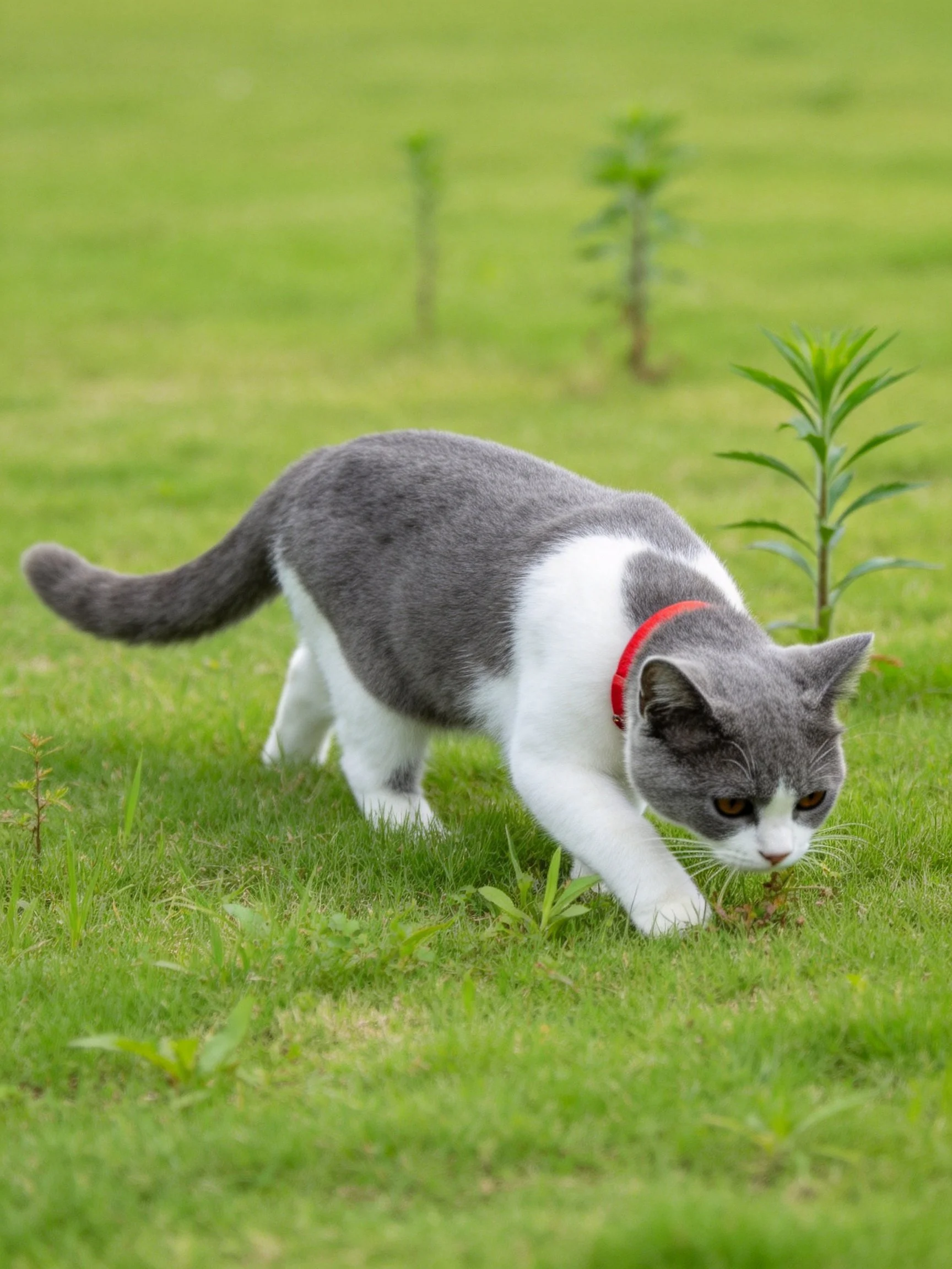 Gray and white cat explores green lawn with small plants