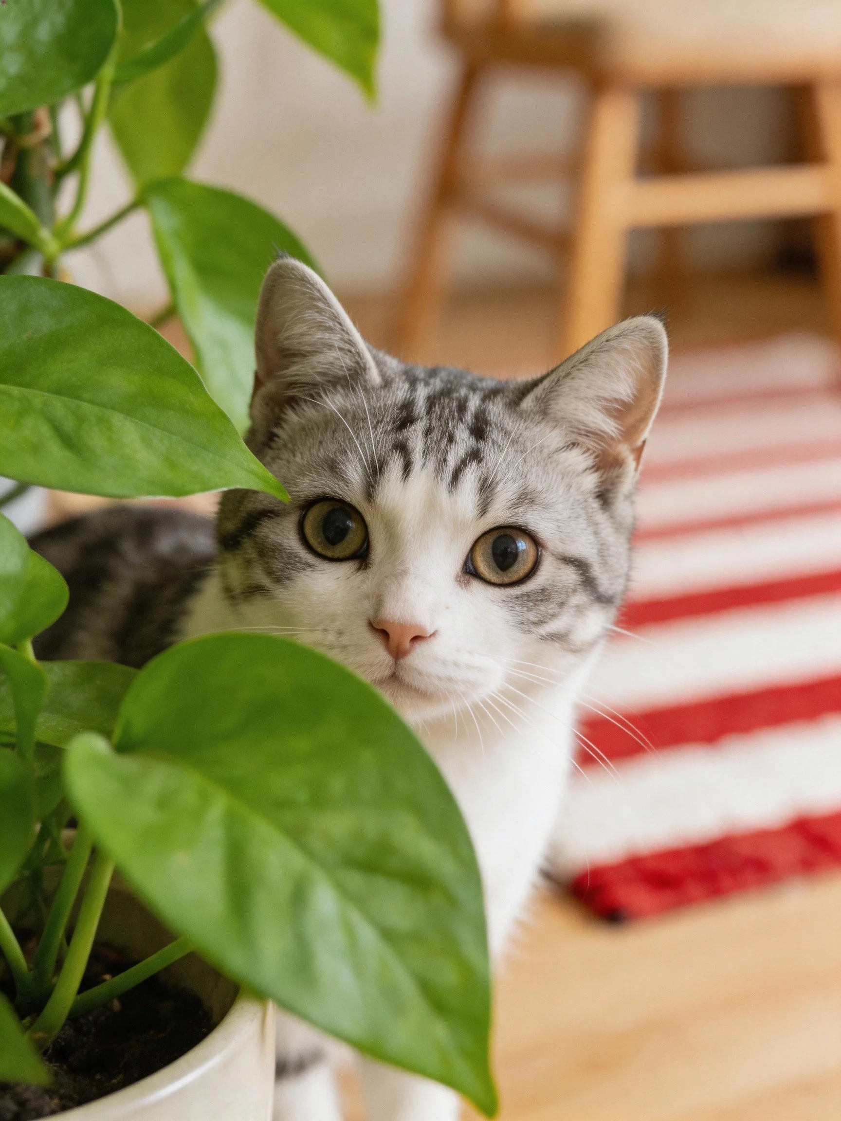 Gray and white cat hides among large green leaves by red-striped rug