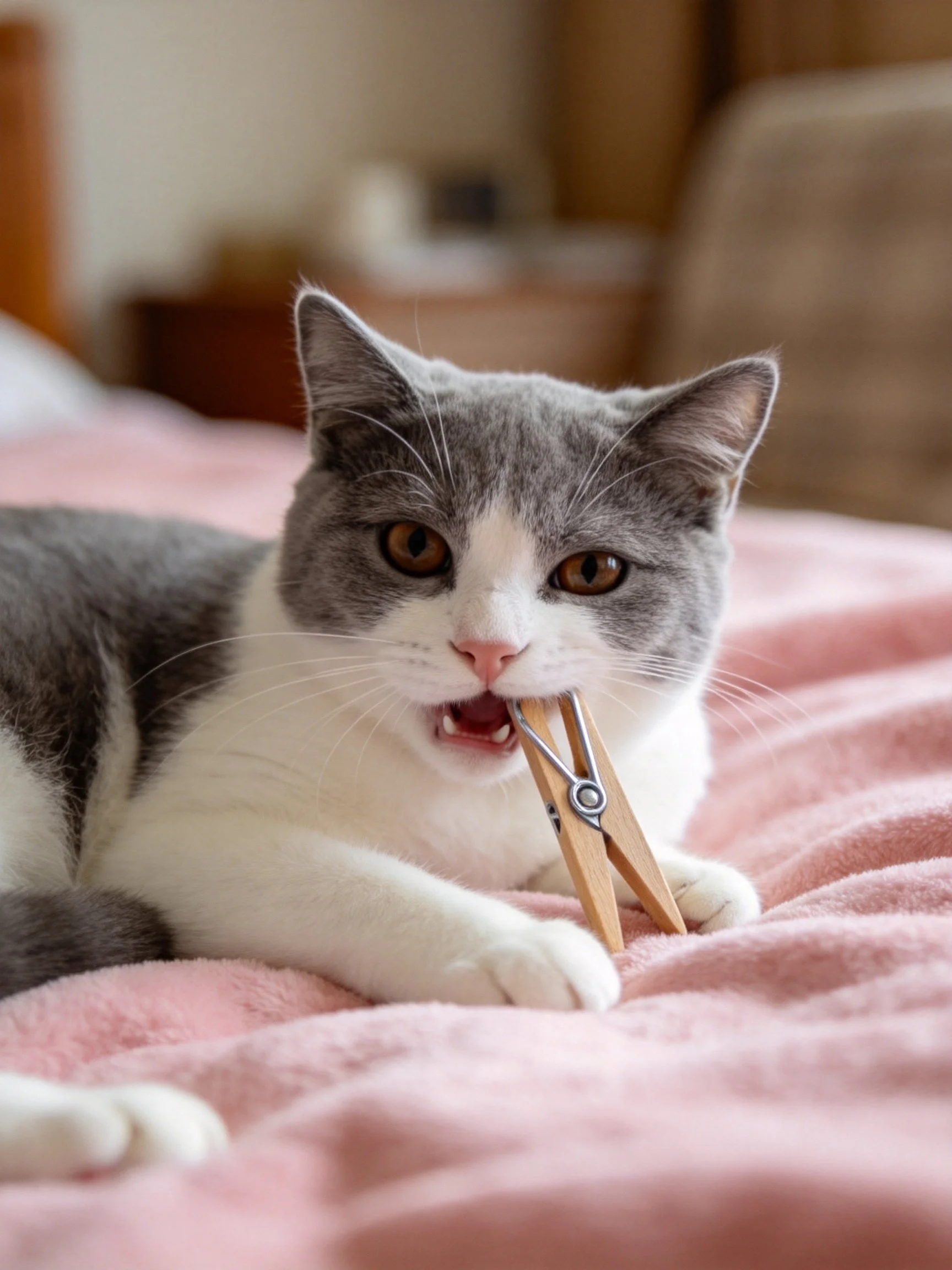 Gray and white cat holds wooden clothespin on pink blanket