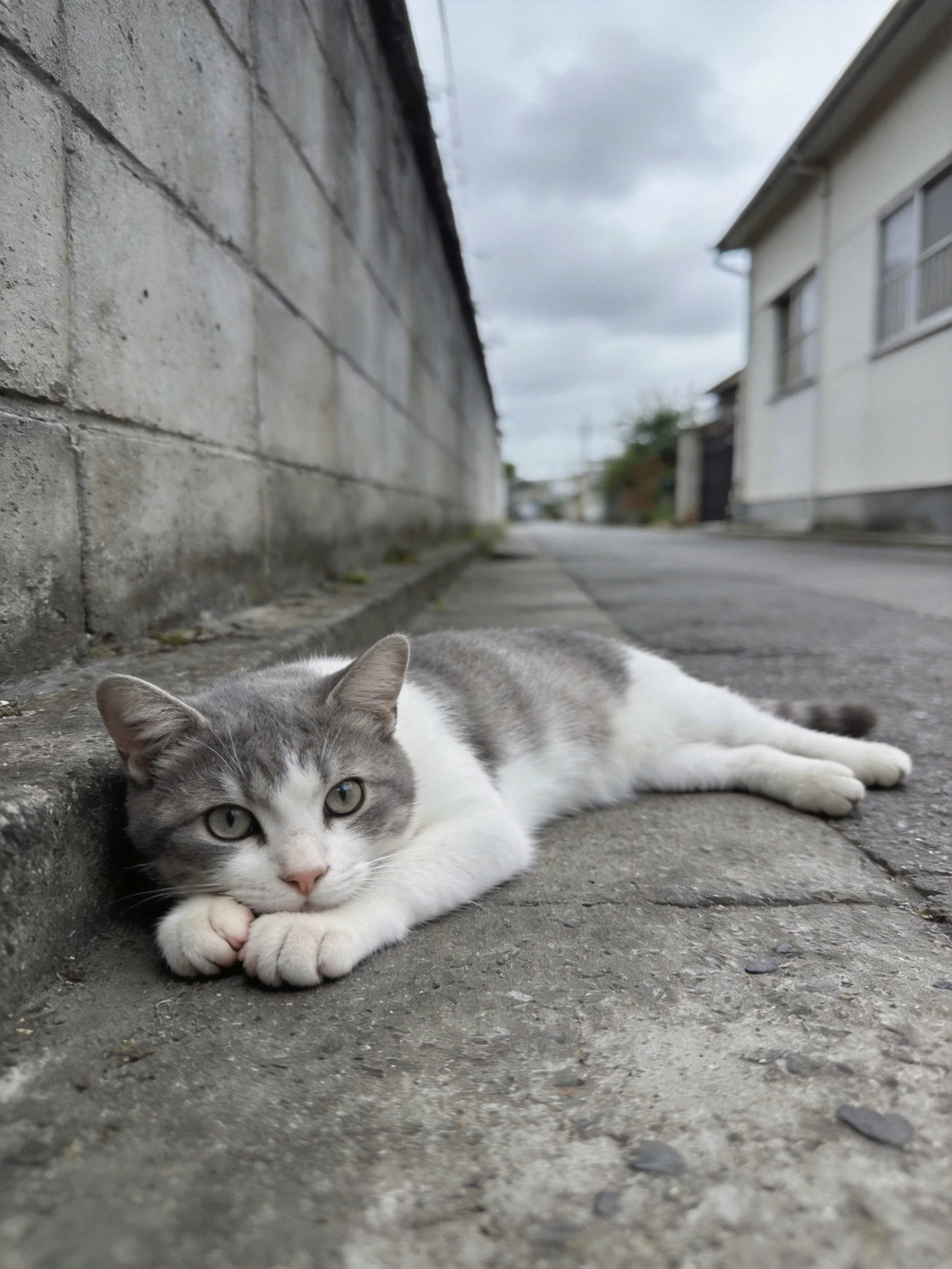 Gray and white cat lounging on concrete alley near stone walls