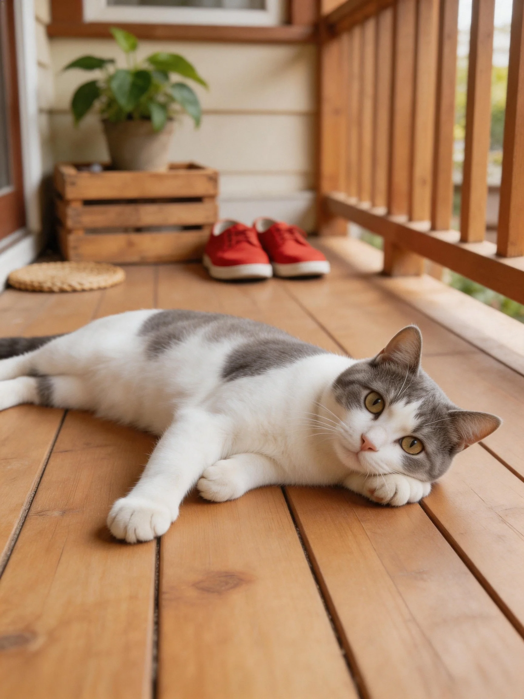Gray and white cat lounging on wooden deck with red shoes and plant