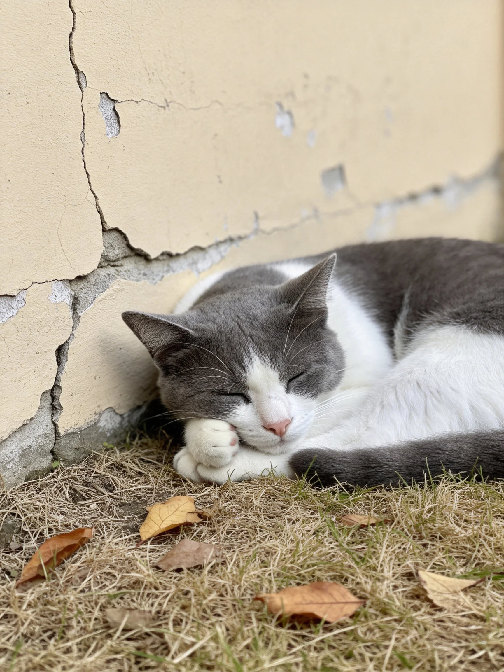 Gray and white cat napping by a cracked beige wall