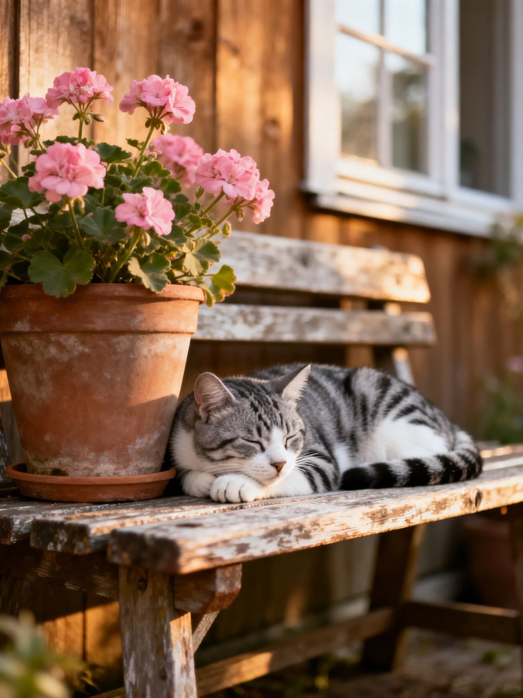 Gray-and-white cat naps near pink flowers on aged wood bench