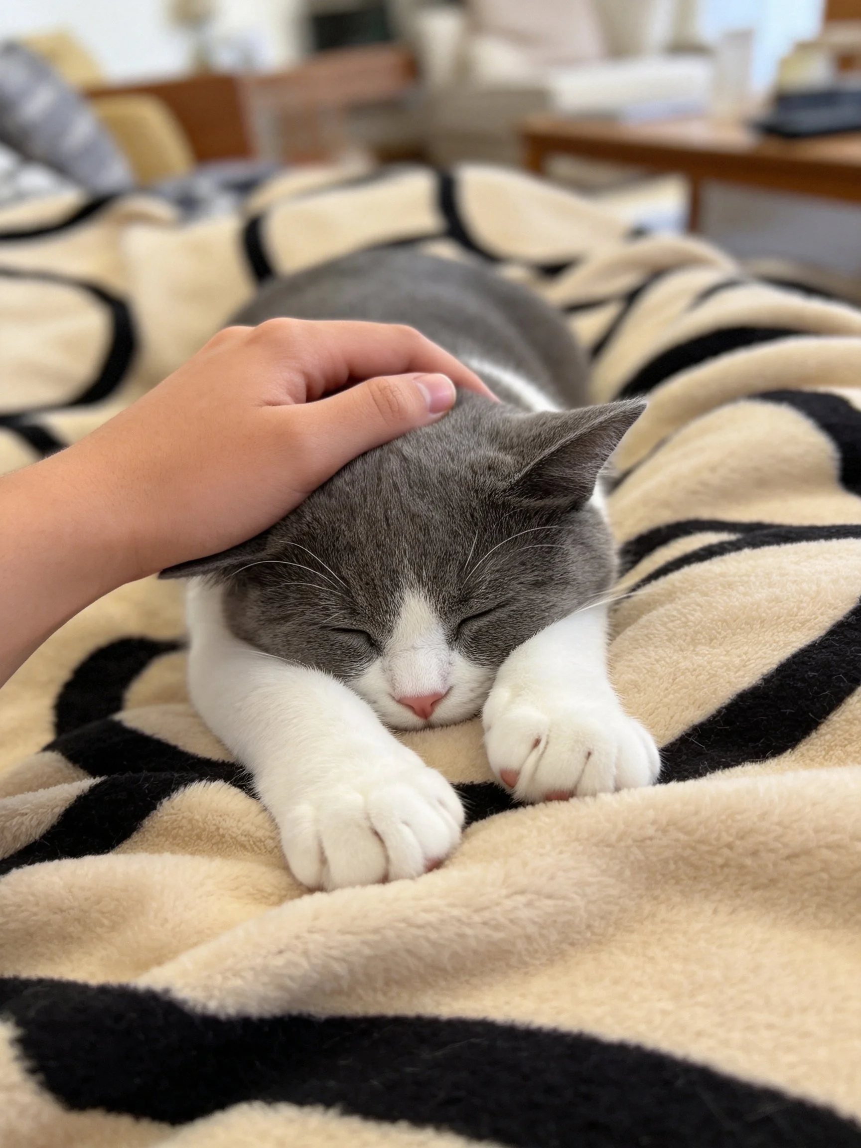 Gray and white cat naps on patterned blanket with hand petting