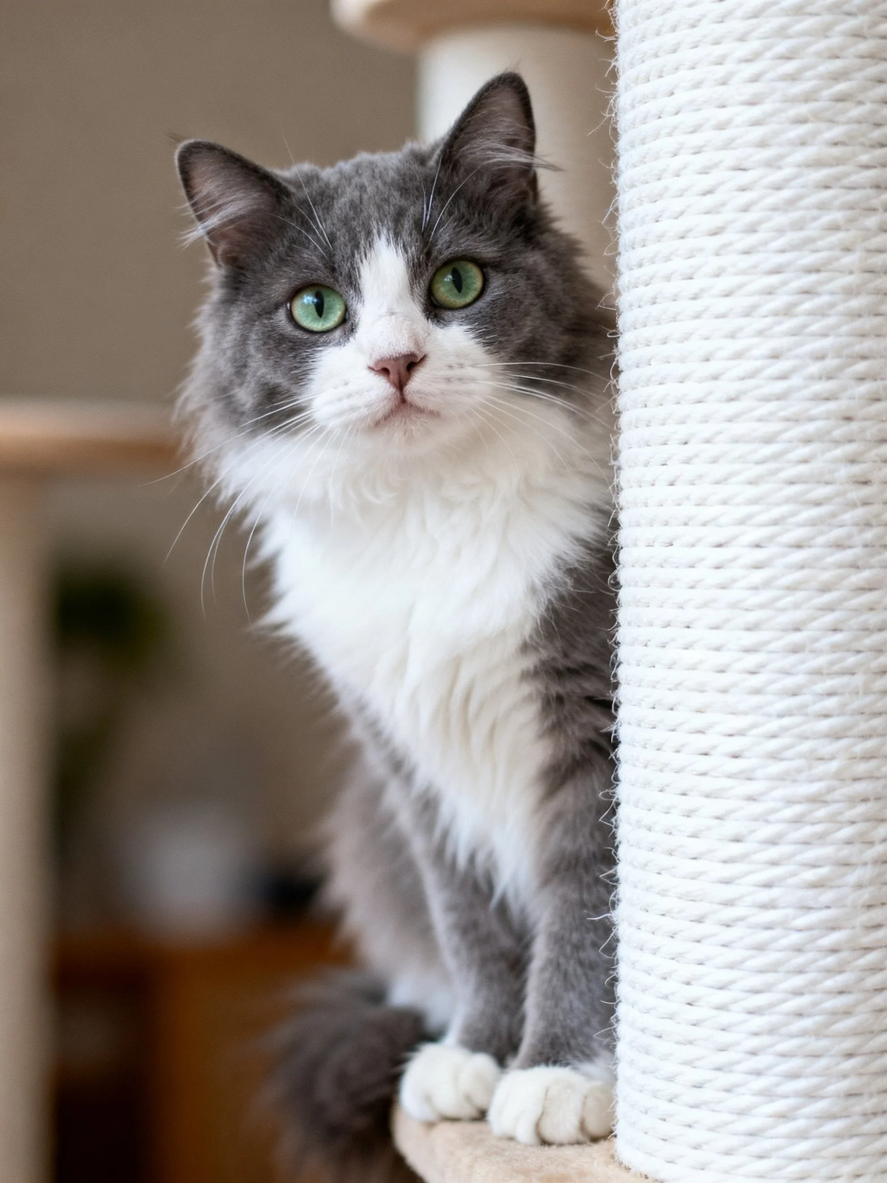 A gray and white cat rests beside a white scratching post indoors.