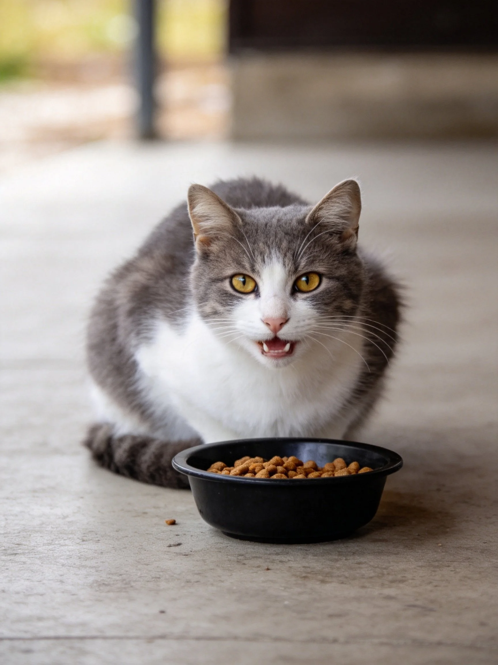 A gray and white cat sits next to a black bowl of dry cat food.