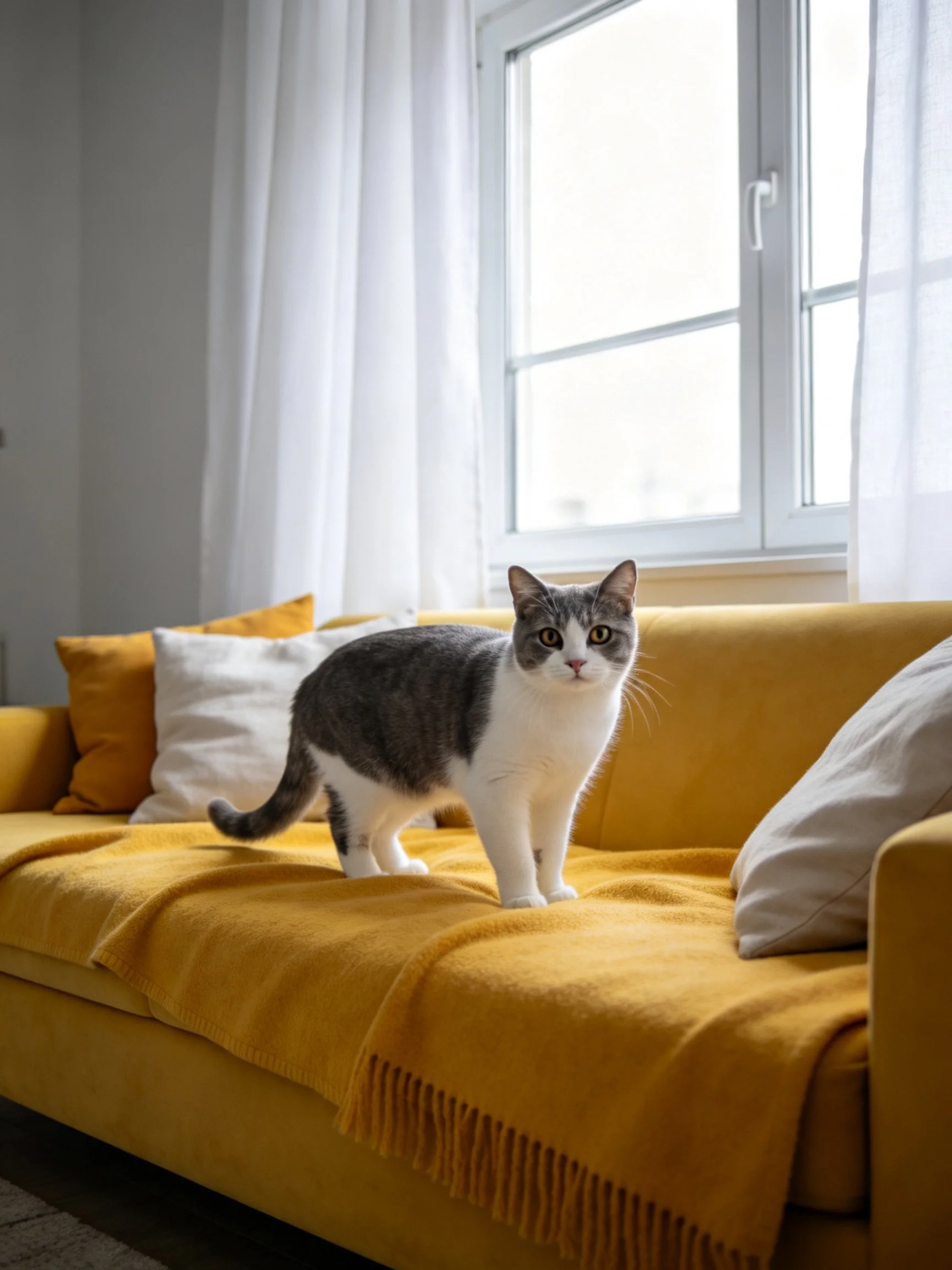 Gray-and-white cat stands on mustard-yellow sofa in bright room with white curtains