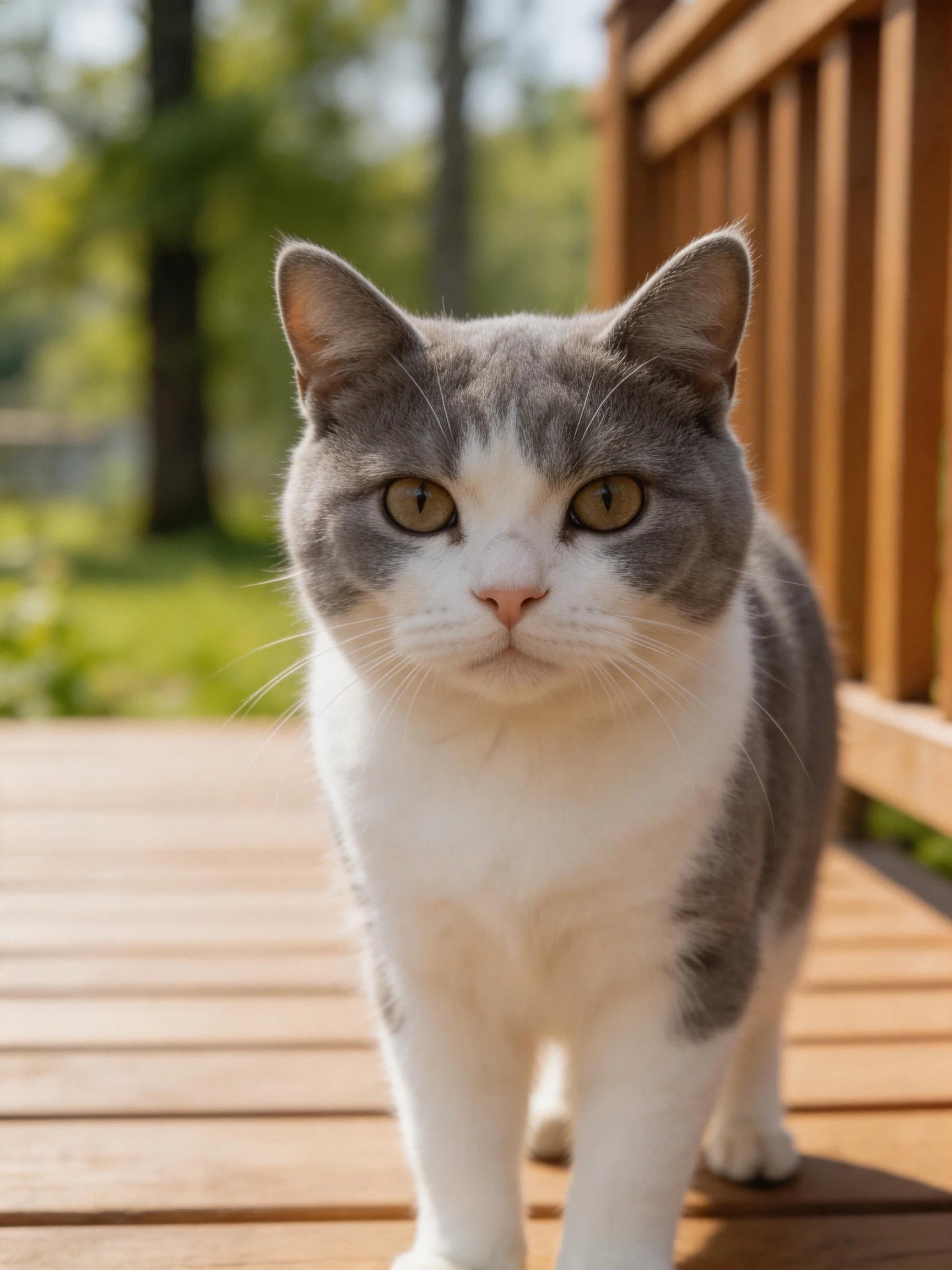 Gray and white cat on wooden deck outdoors