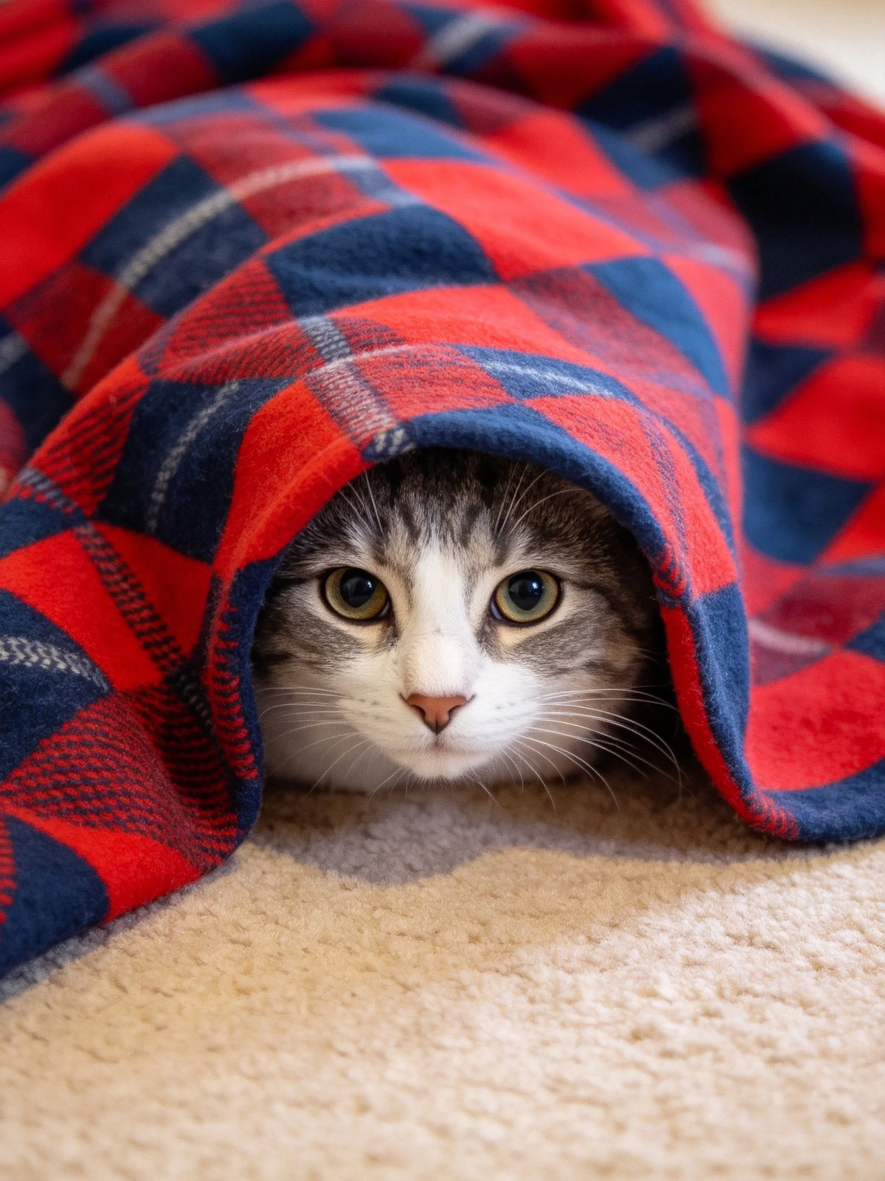 Gray and white cat peeking from red and blue plaid blanket