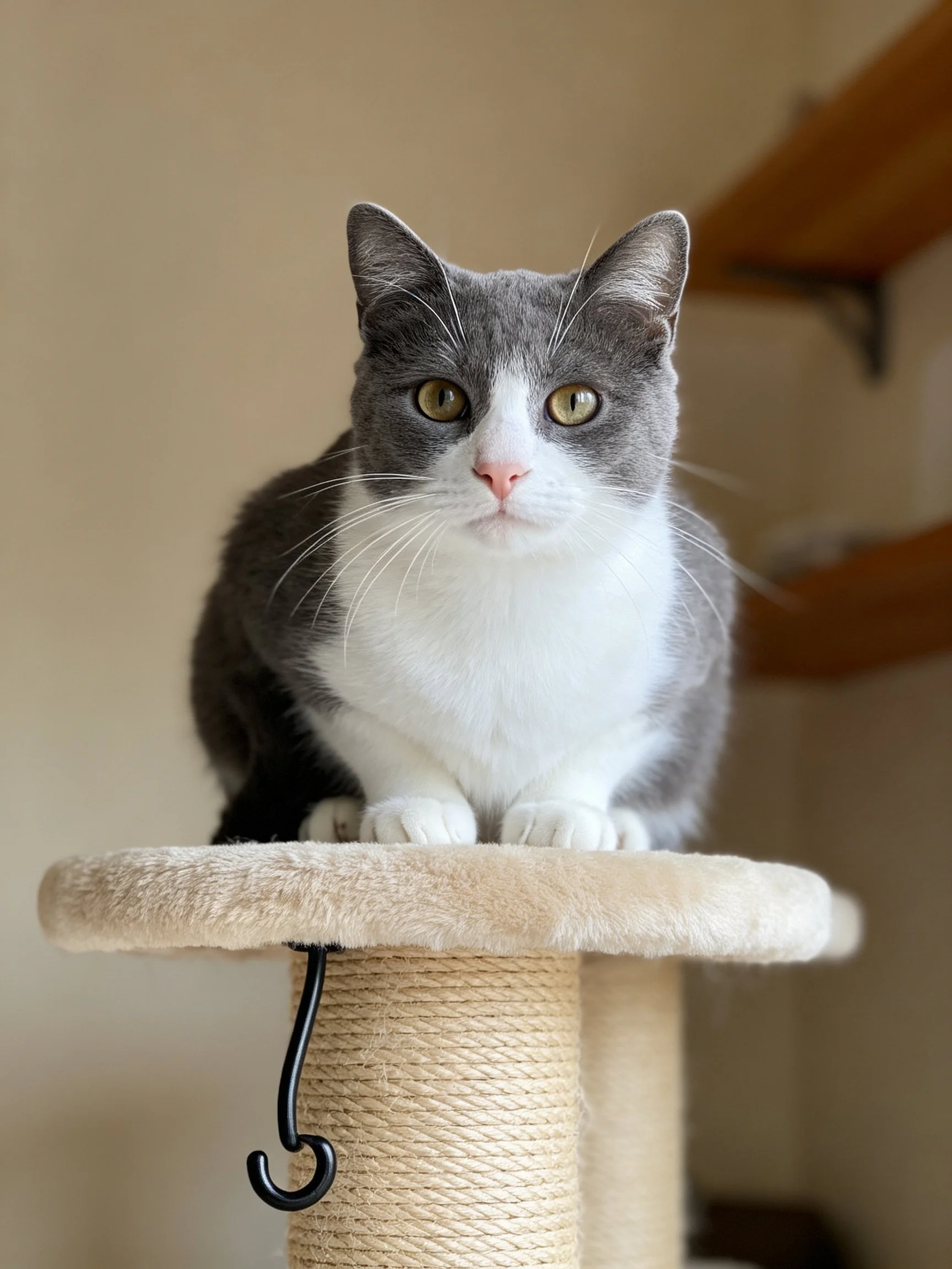 Gray and white cat perched on a beige cat tree